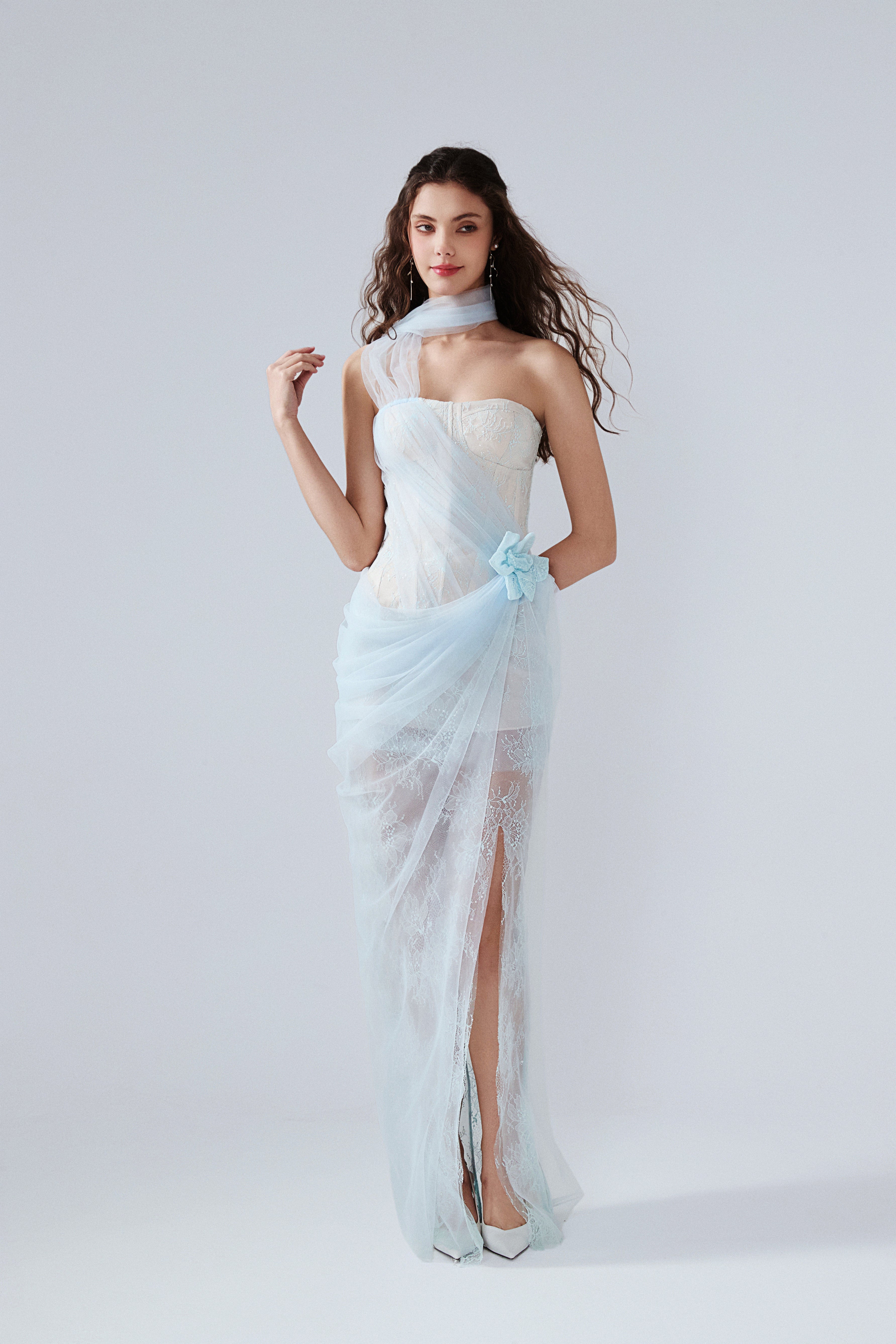 Light Blue Fishbone Lace Dress