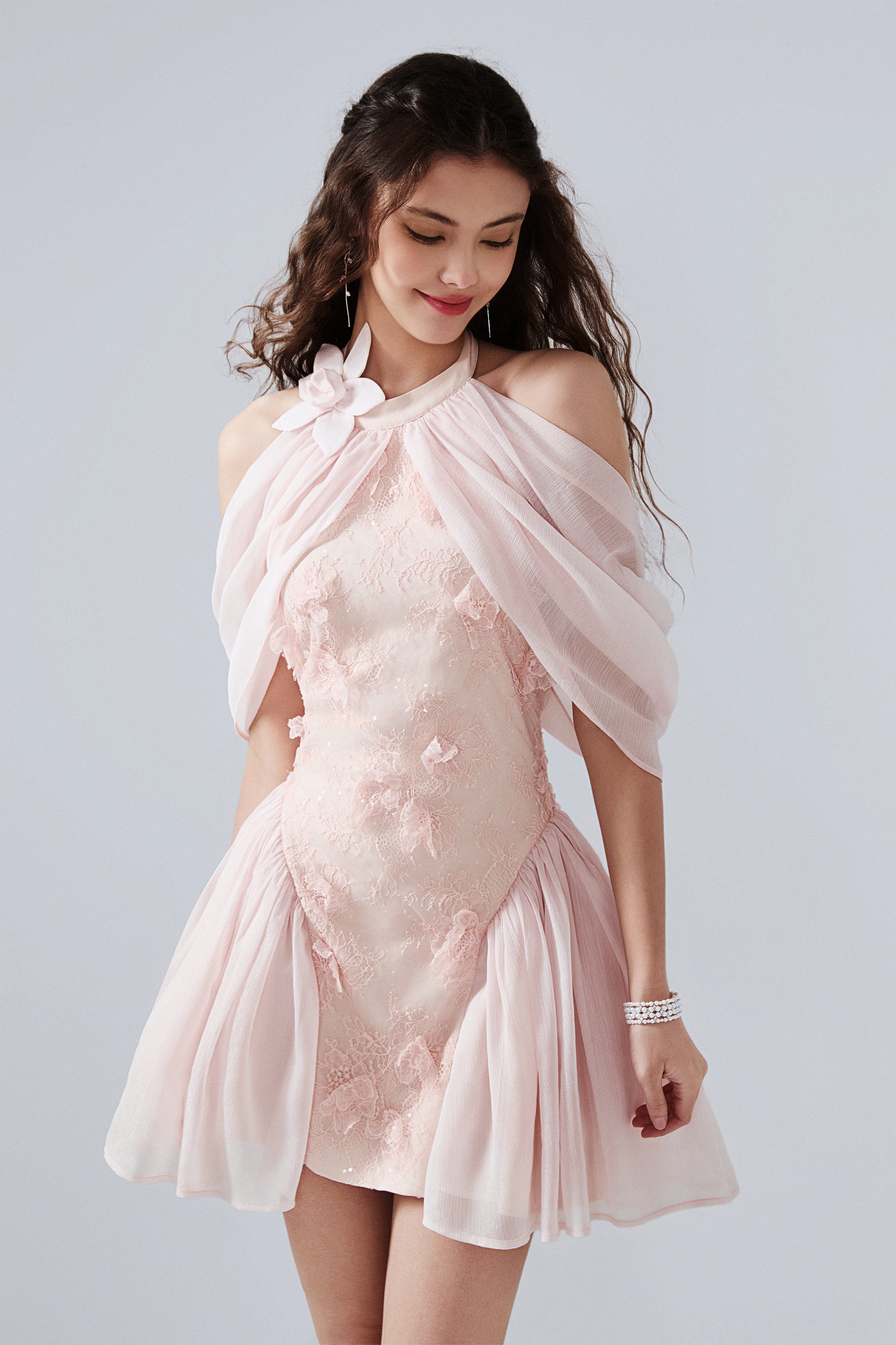 Pink Heavy Lace A-line Dress