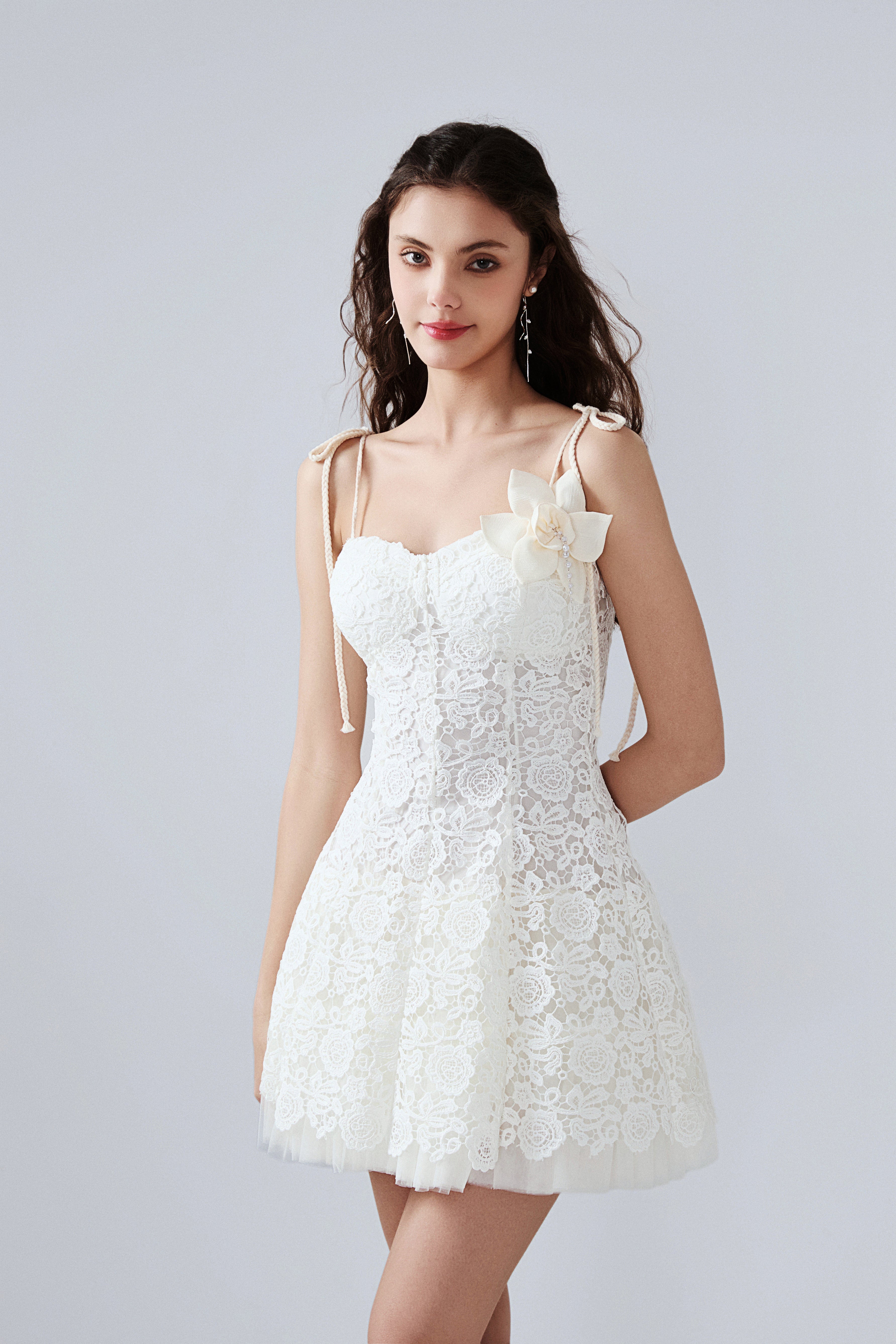White Rattan Woven Shoulder Strap A-line Dress