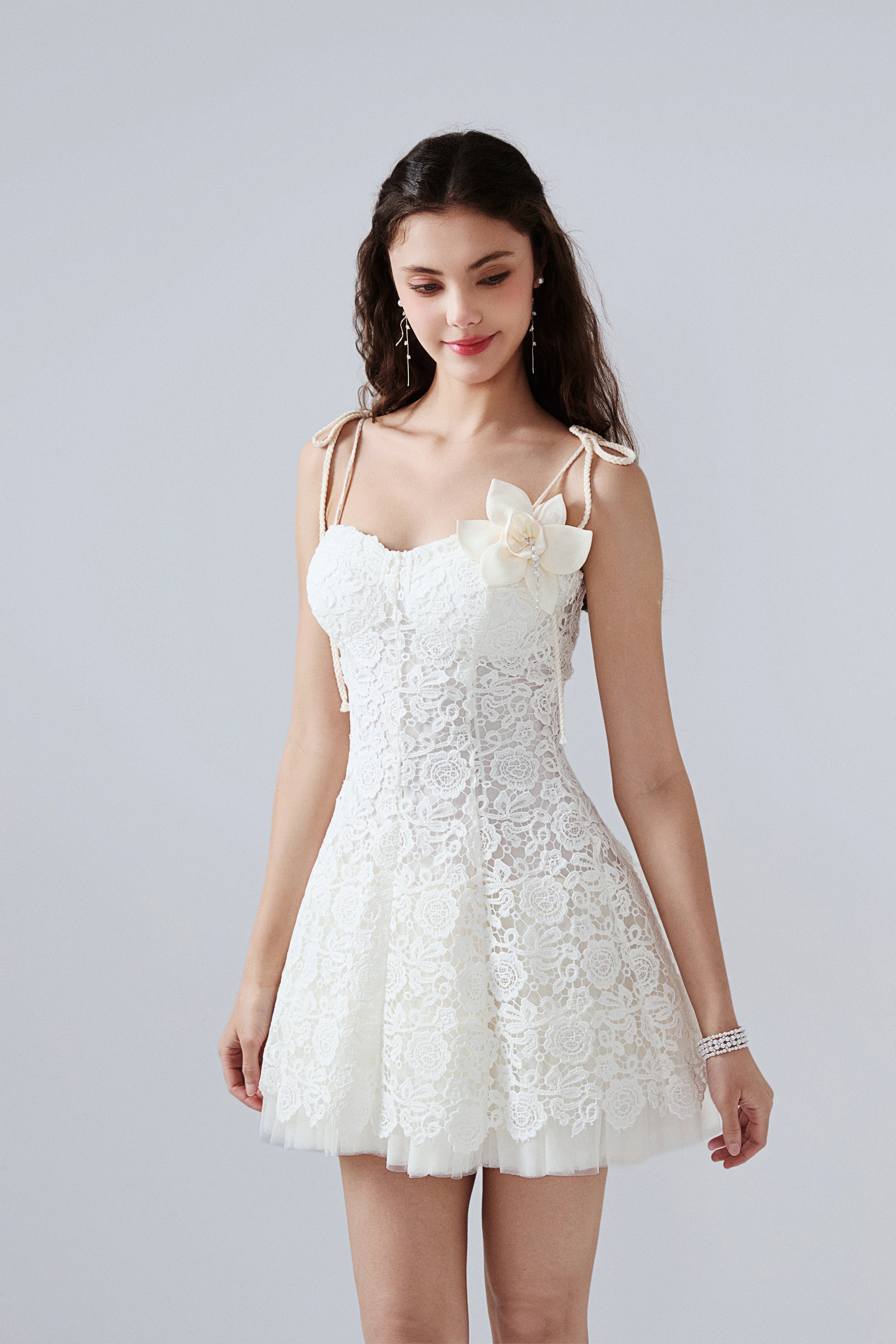 White Rattan Woven Shoulder Strap A-line Dress