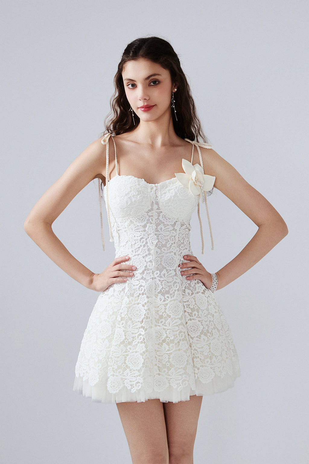 White Rattan Woven Shoulder Strap A-line Dress