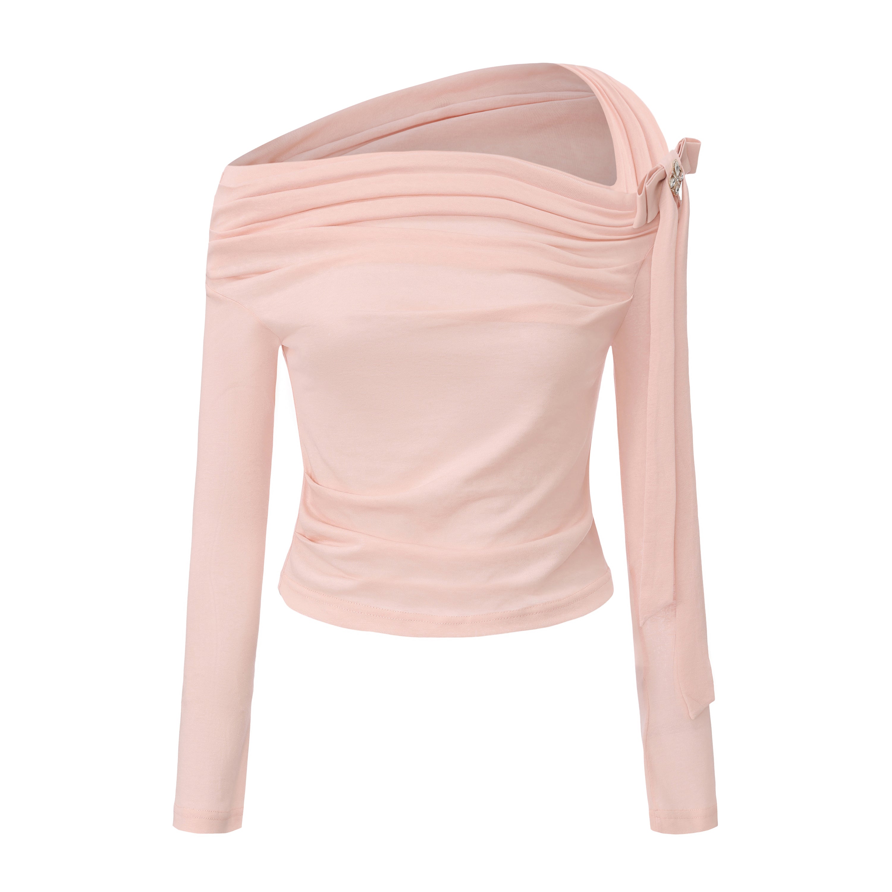 Pink Off-The-Shoulder Pleated Bow Ribbon Blouse