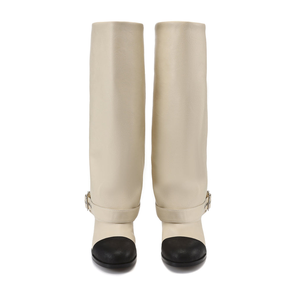 White Metal-Buckled Knee-High Boots