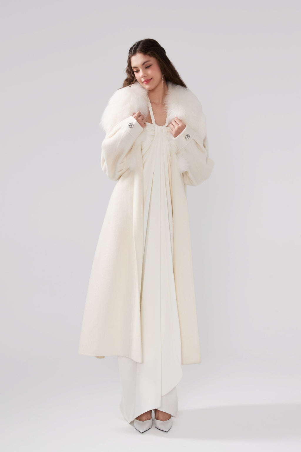 Detachable Fox Fur White Long Coat