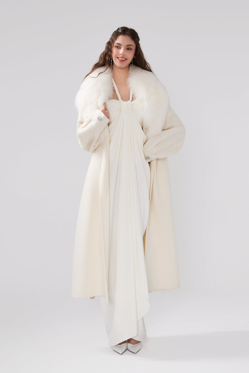 Detachable Fox Fur White Long Coat