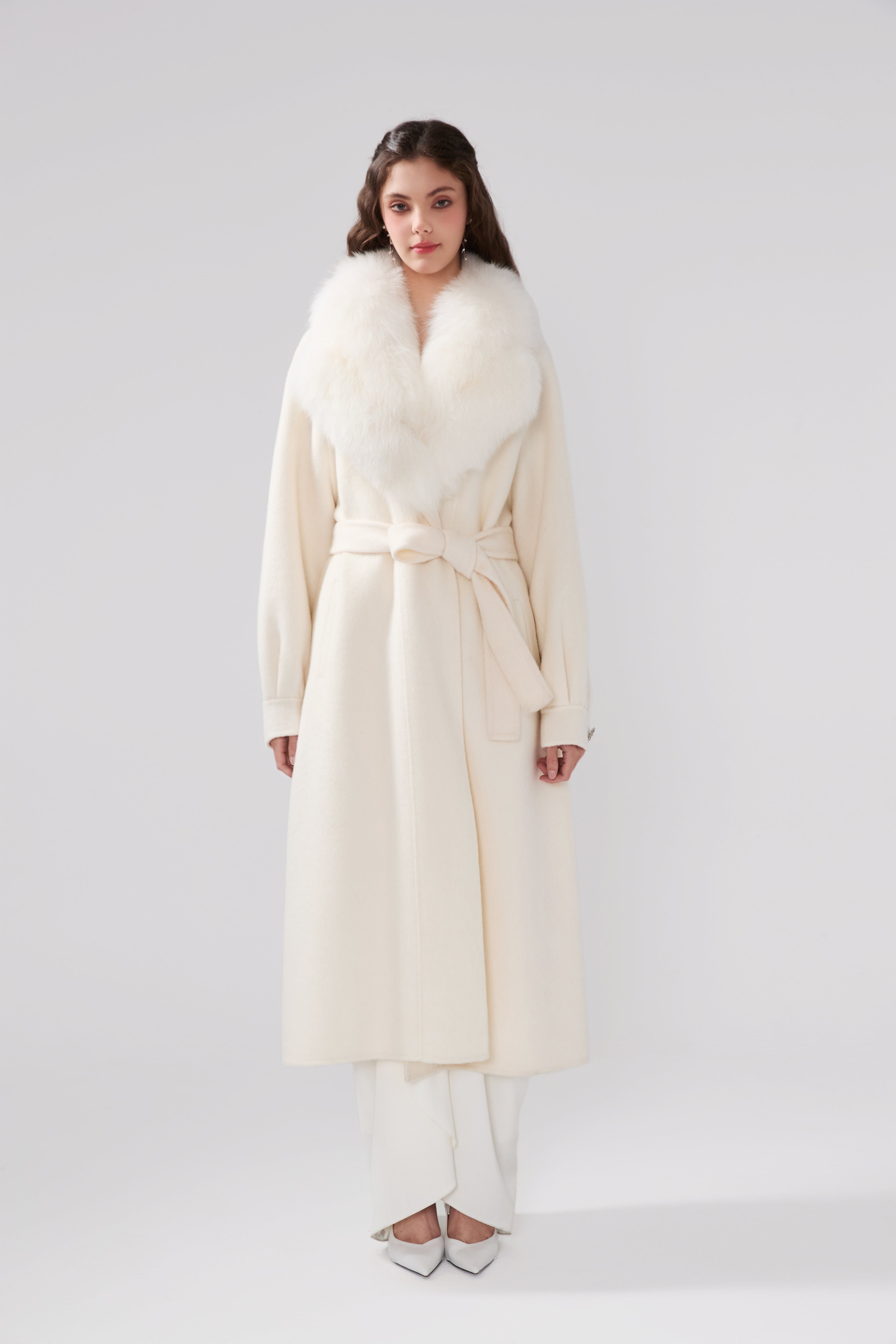 Detachable Fox Fur White Long Coat