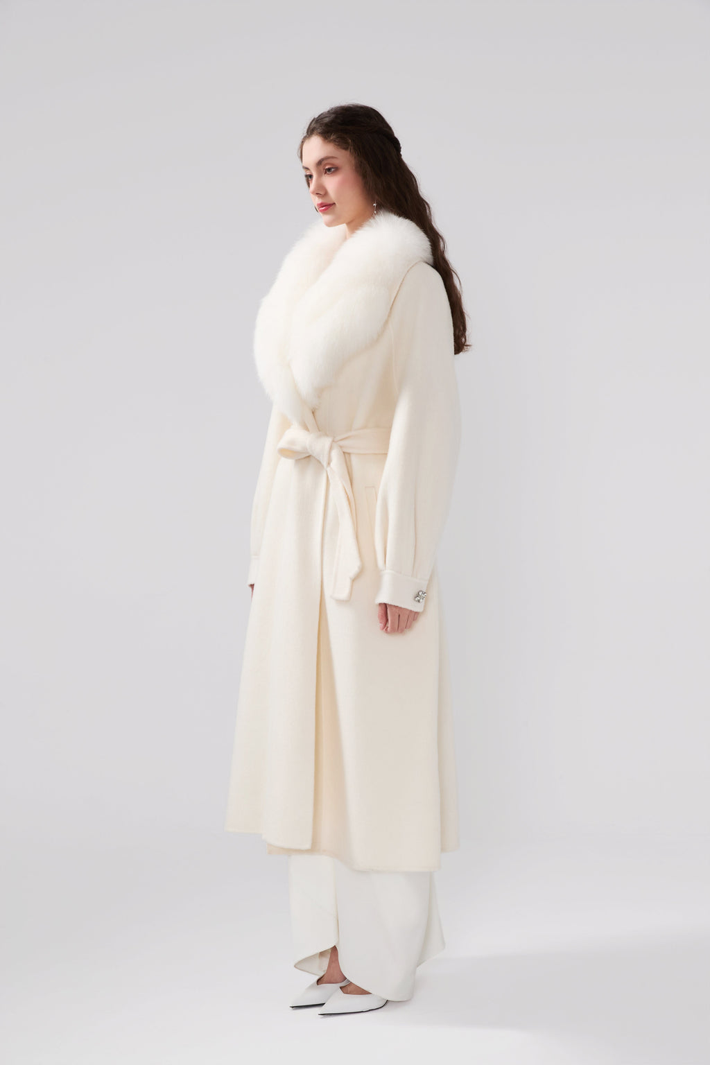 Detachable Fox Fur White Long Coat