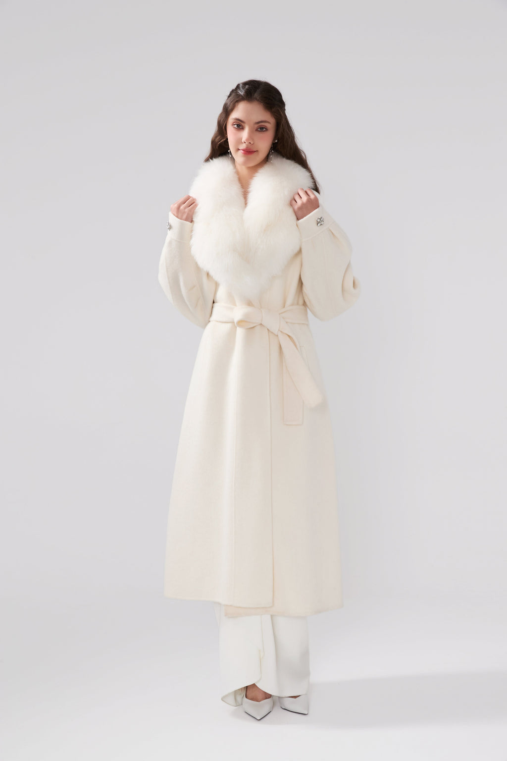 Detachable Fox Fur White Long Coat