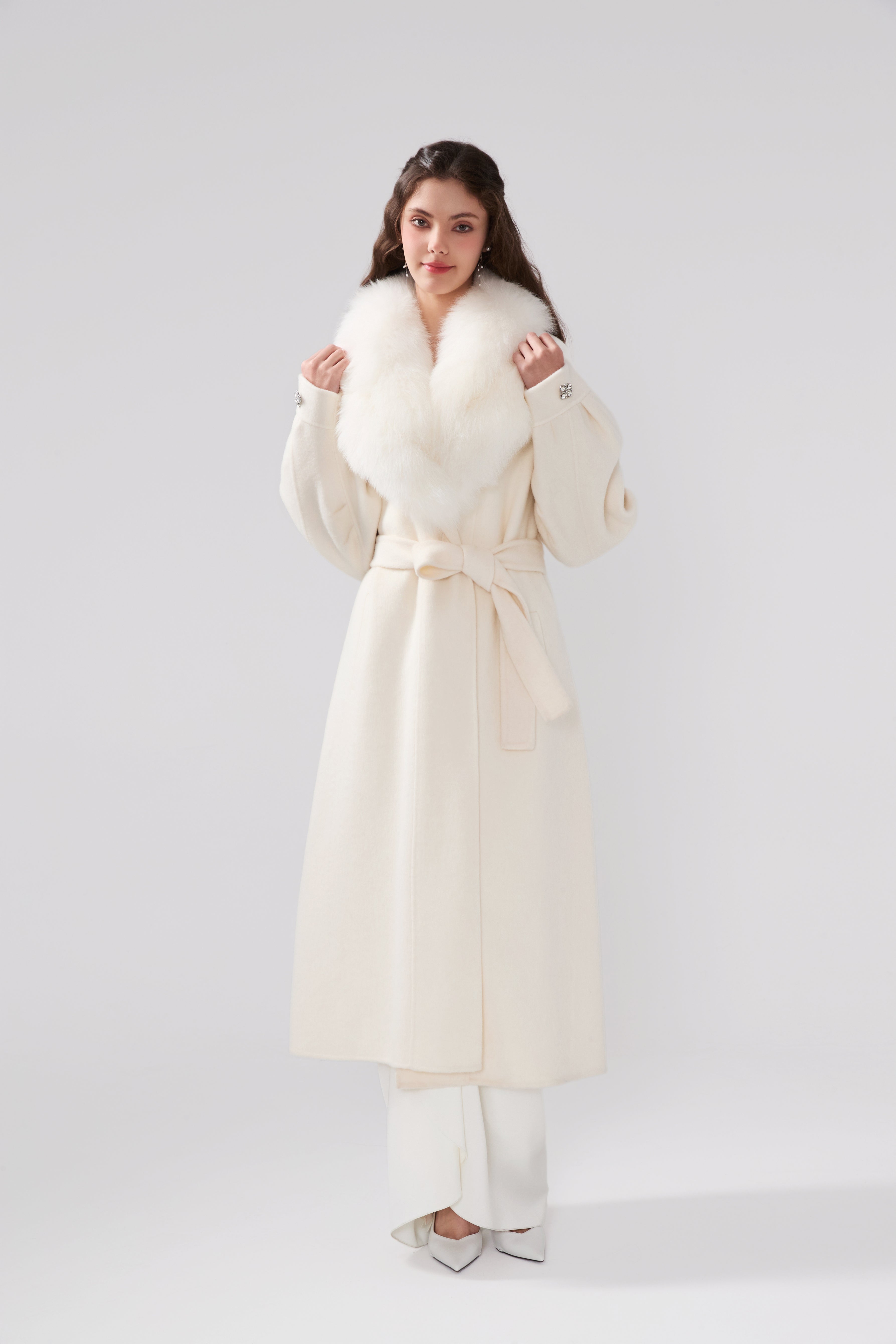 Detachable Fox Fur White Long Coat