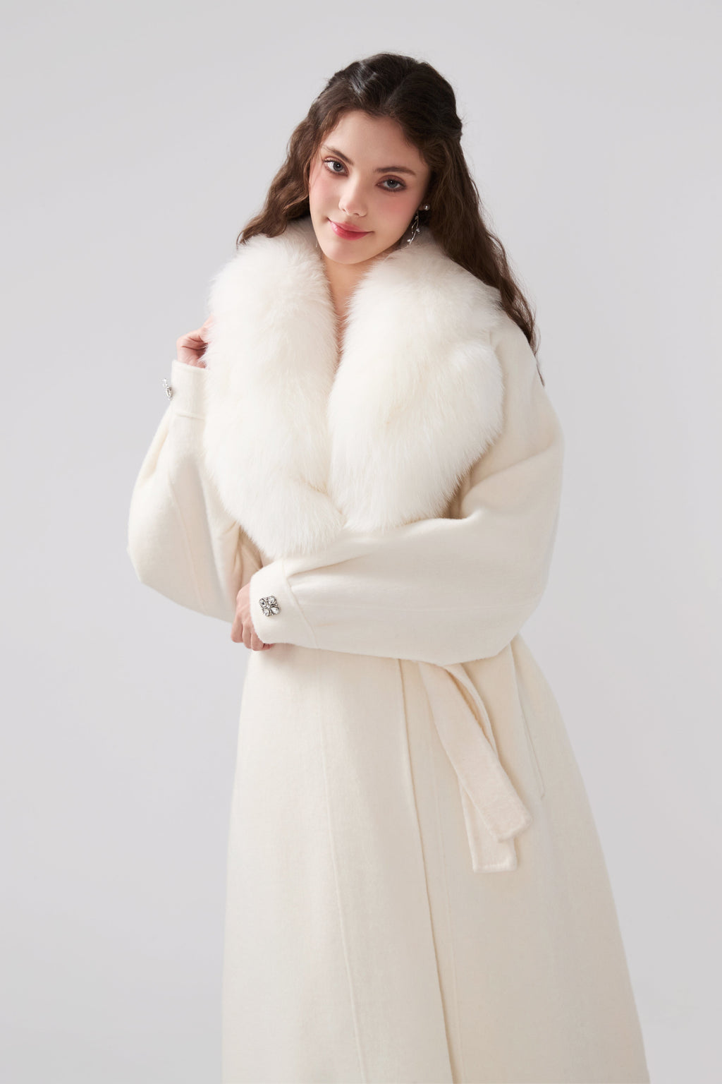 Detachable Fox Fur White Long Coat