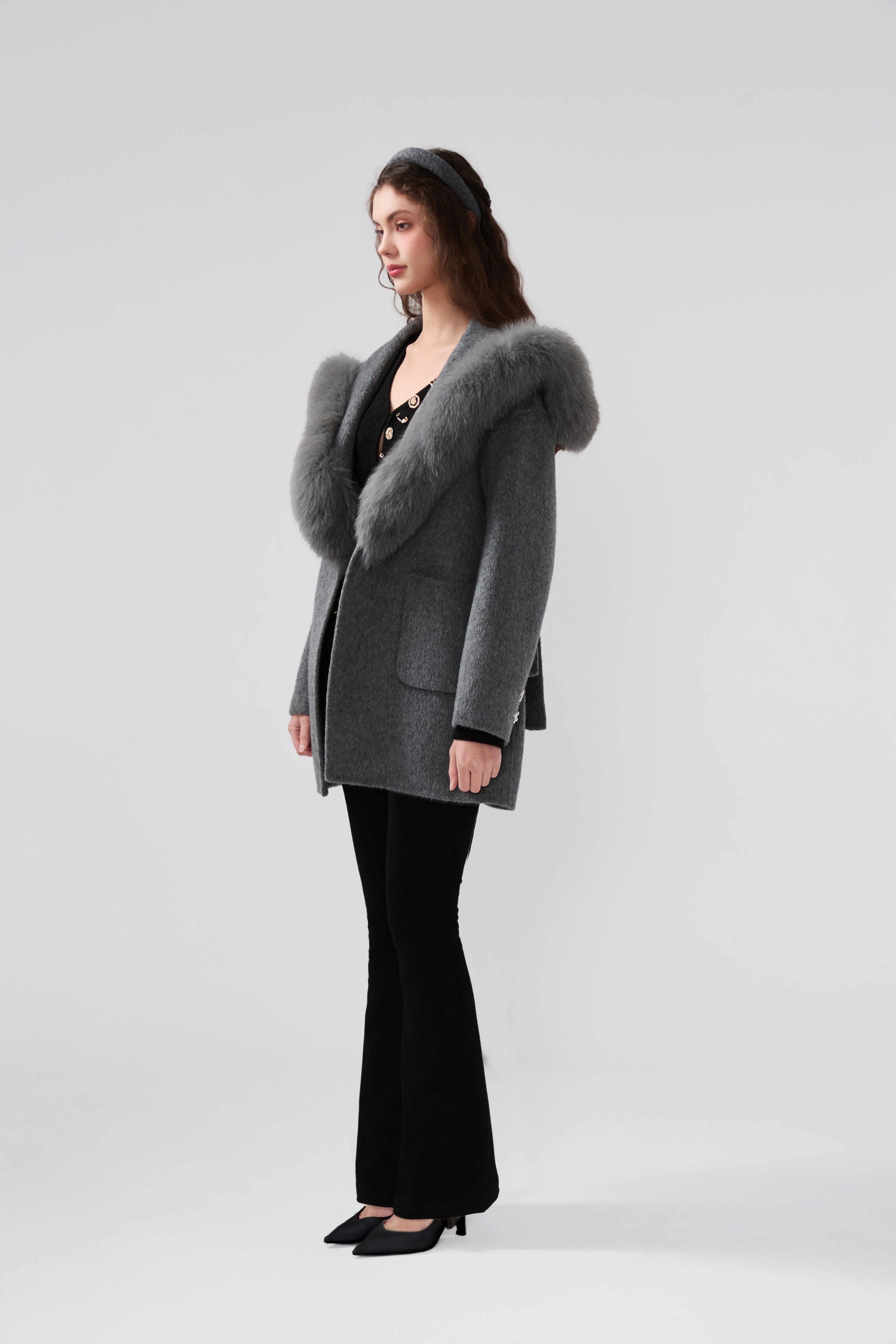 Detachable Fox Fur Grey Belted Hoodie Coat