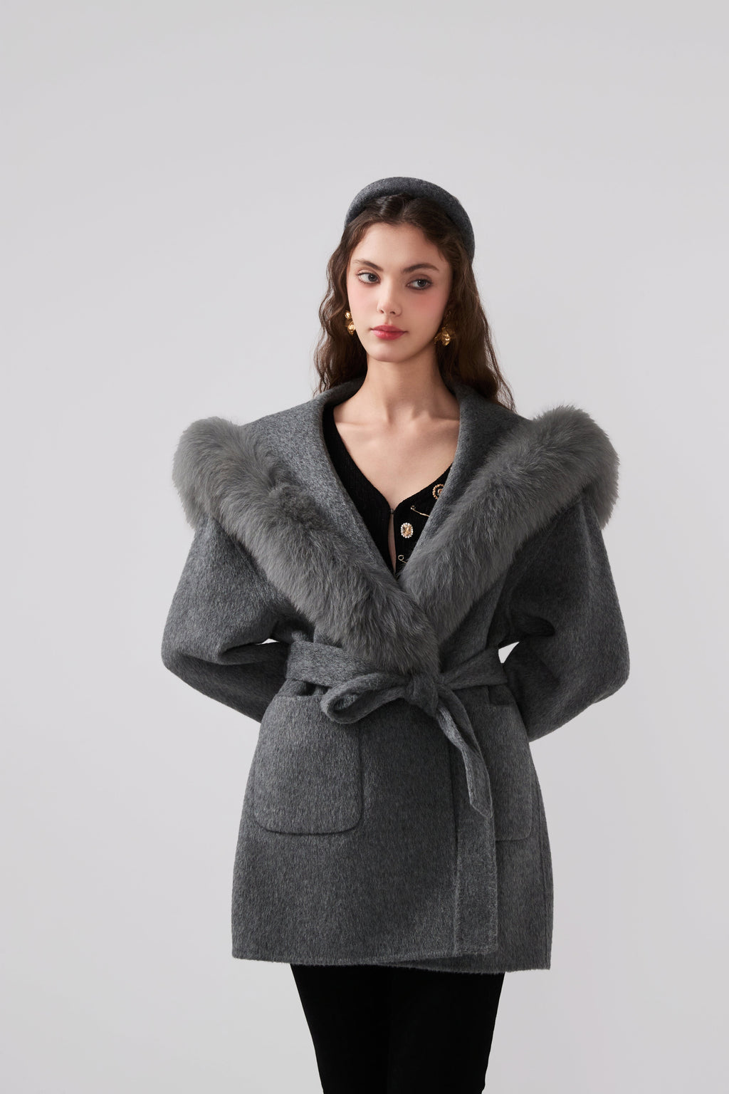Detachable Fox Fur Grey Belted Hoodie Coat