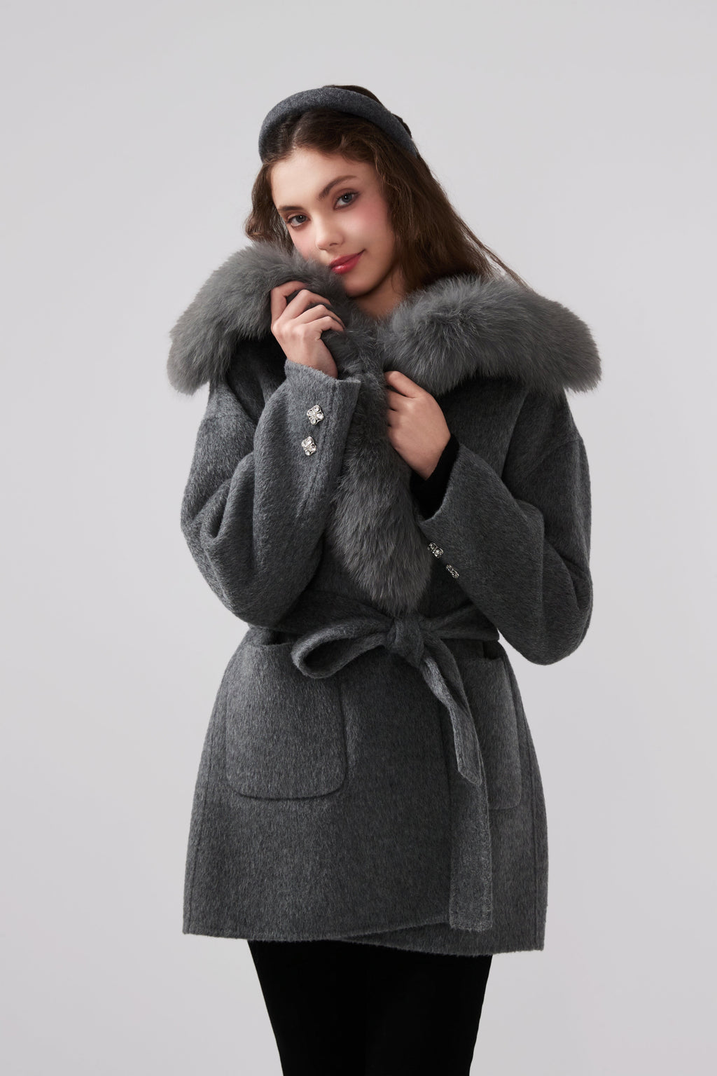 Detachable Fox Fur Grey Belted Hoodie Coat