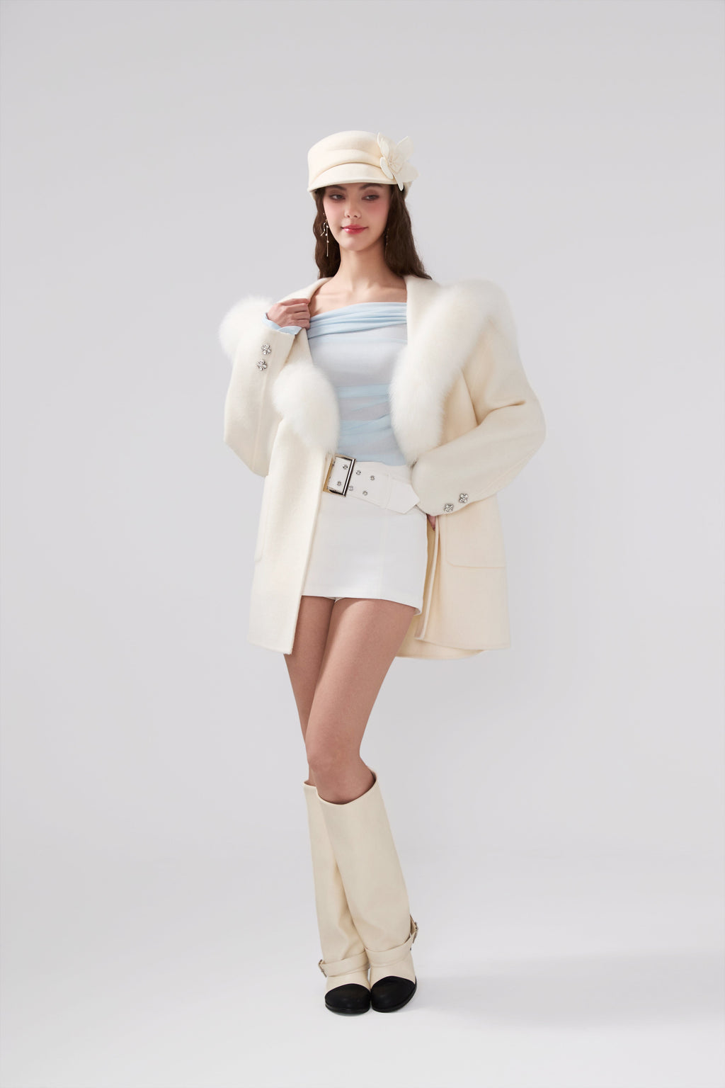 Detachable Fox Fur White Belted Hoodie Coat