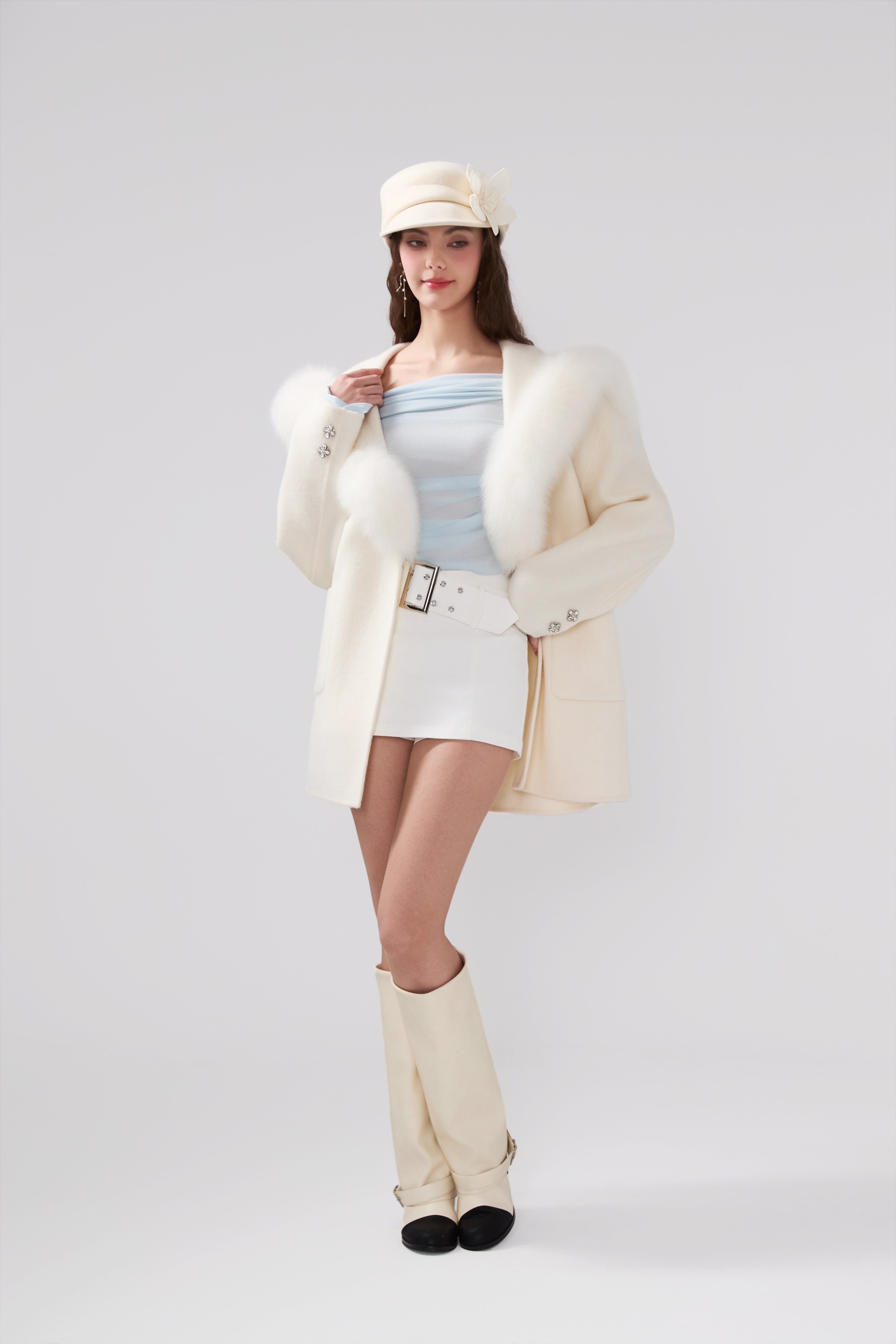 Detachable Fox Fur White Belted Hoodie Coat