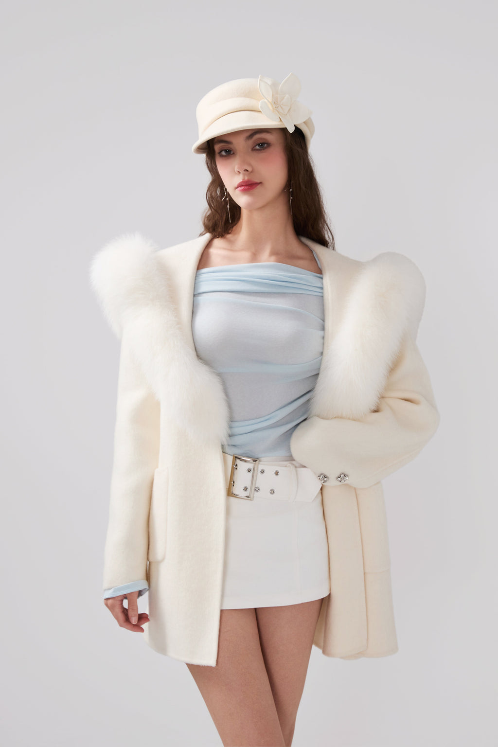 Detachable Fox Fur White Belted Hoodie Coat