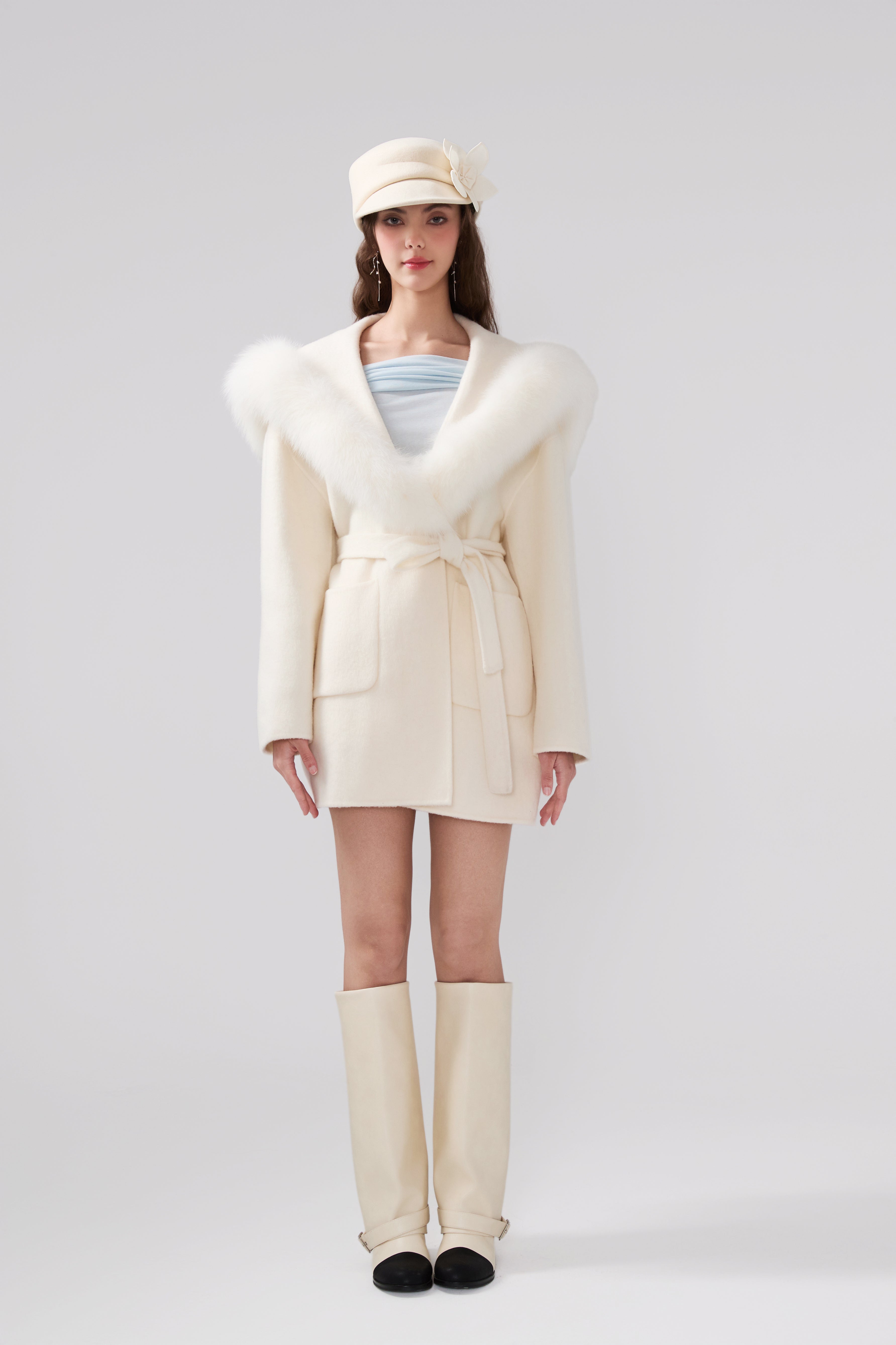 Detachable Fox Fur White Belted Hoodie Coat