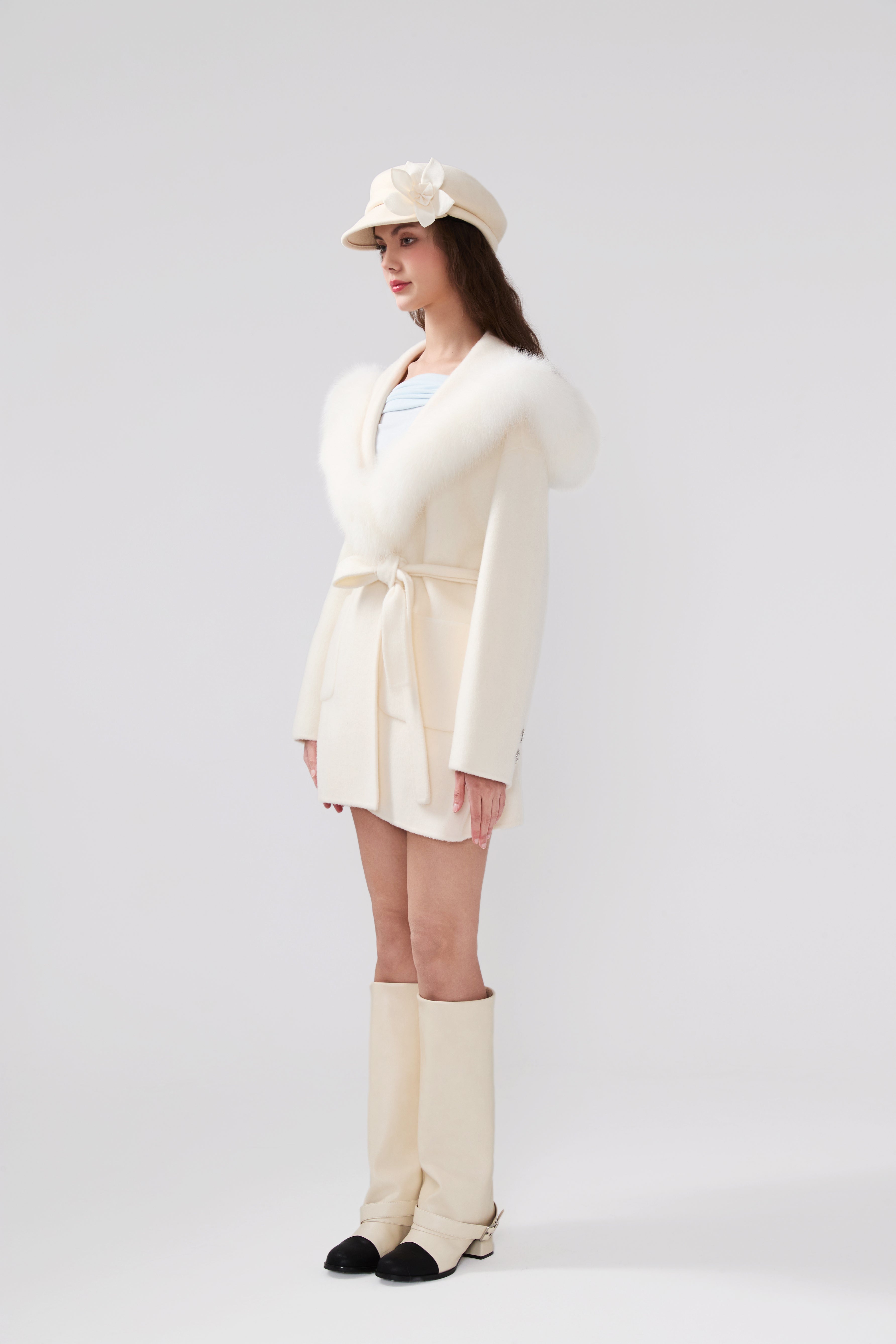 Detachable Fox Fur White Belted Hoodie Coat