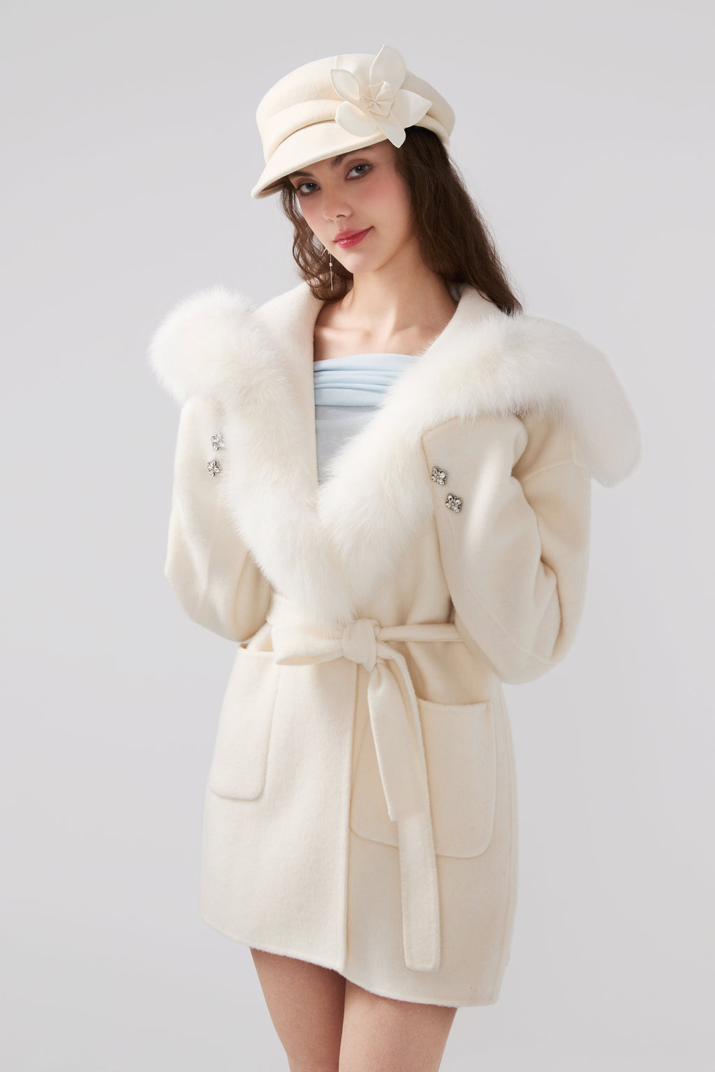 Detachable Fox Fur White Belted Hoodie Coat