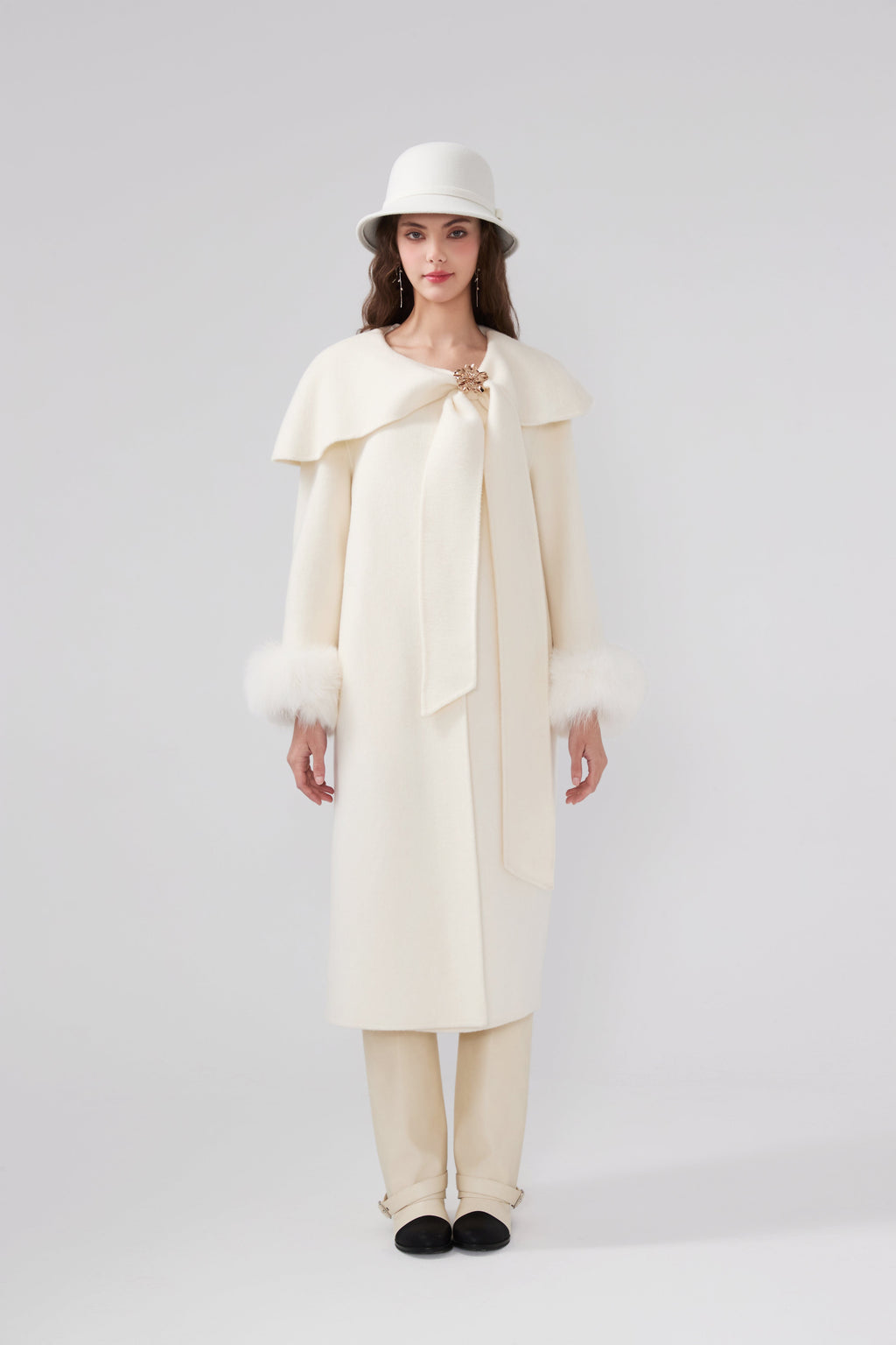 Butterflies Lapel White Cashmere Long Coat