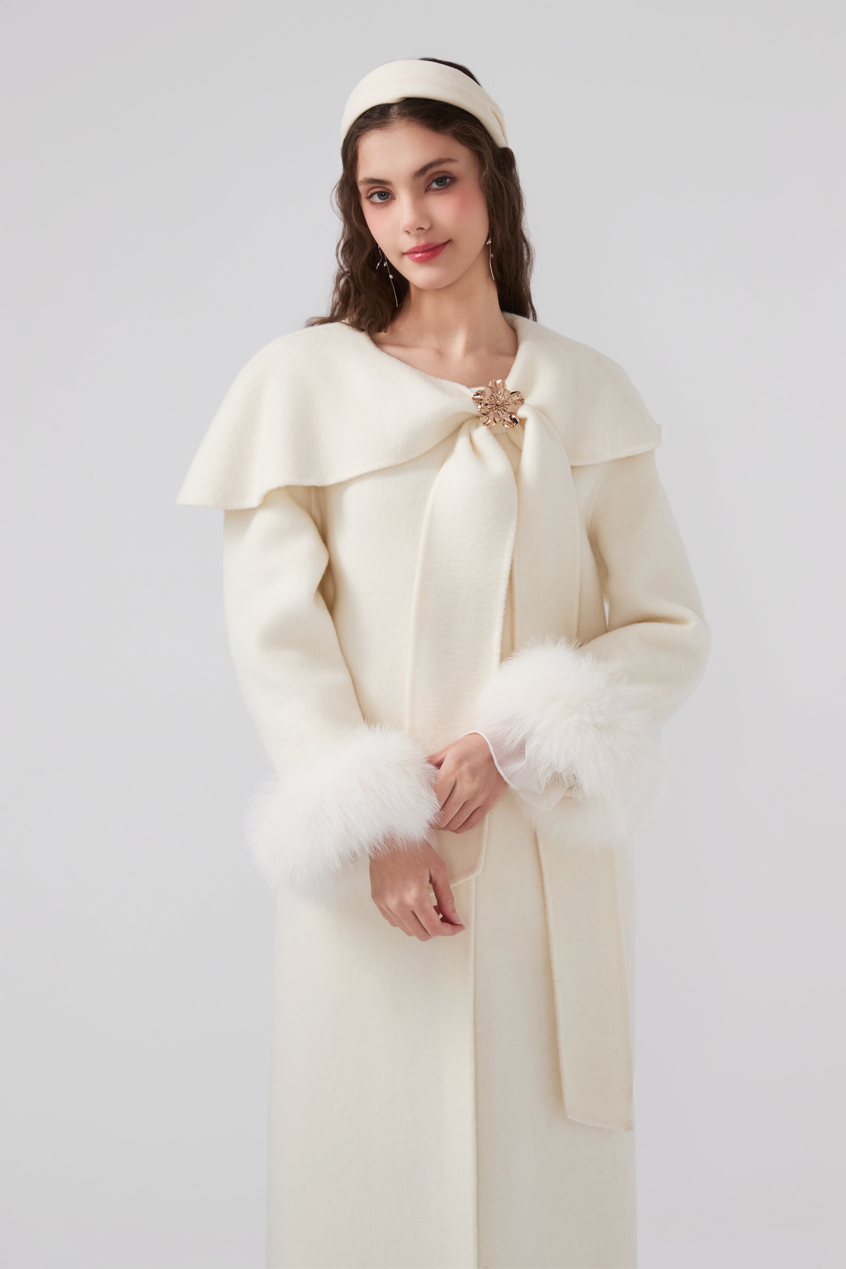 Butterflies Lapel White Cashmere Long Coat