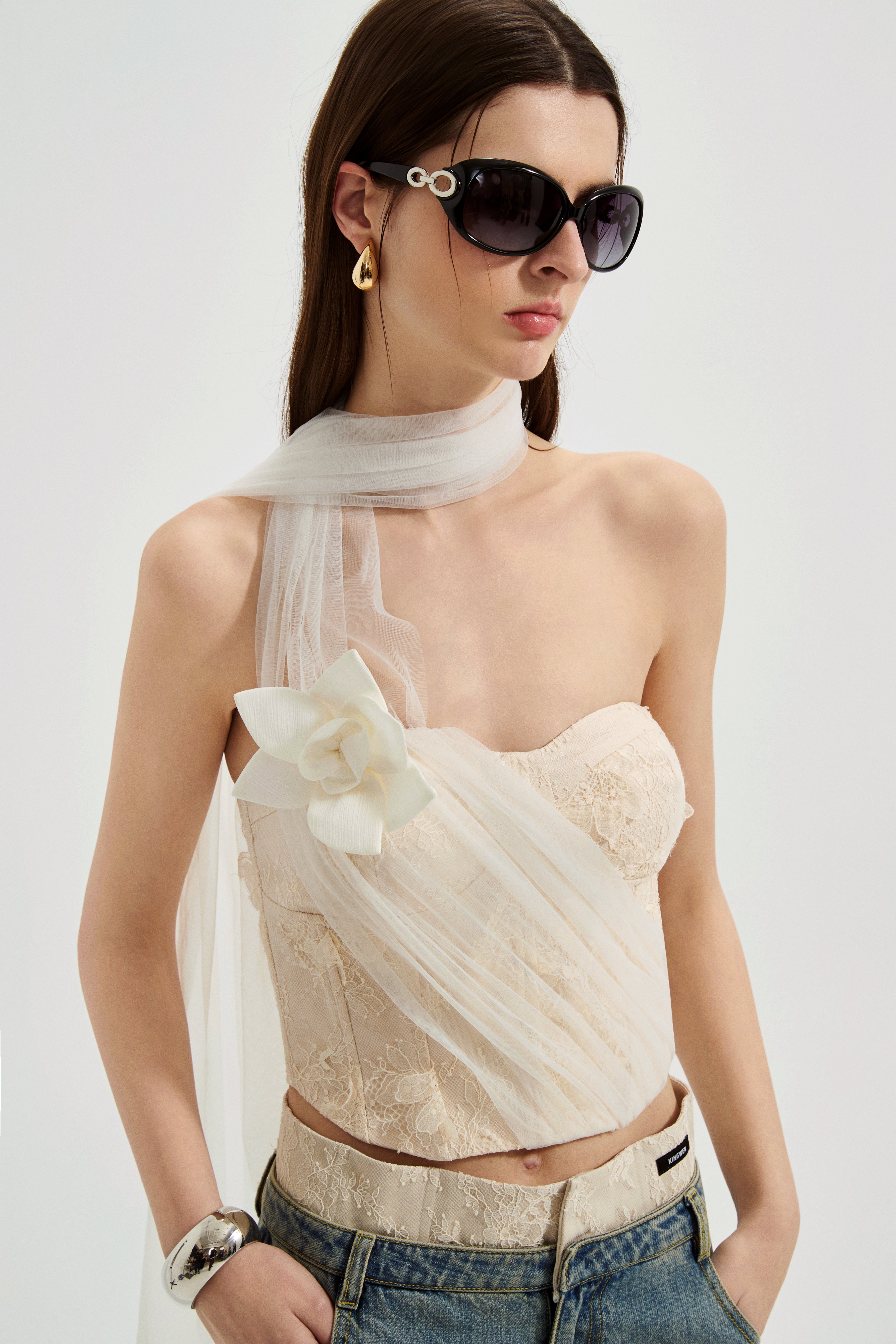 White Iridescent Tulle Fishbone Halter Top