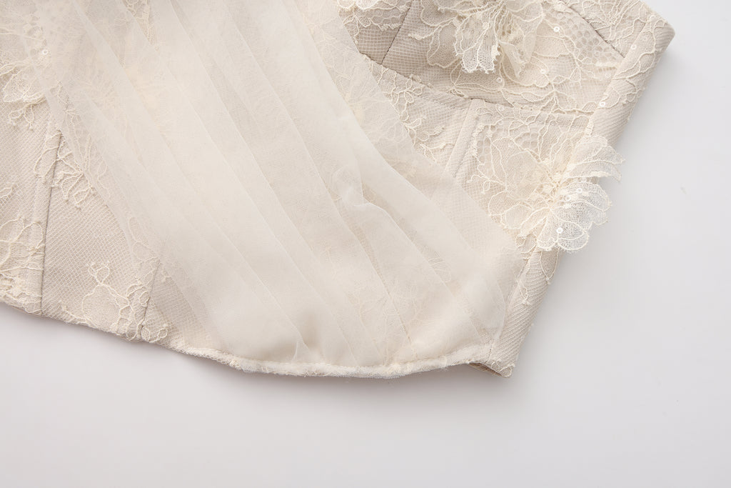 White Iridescent Tulle Fishbone Halter Top
