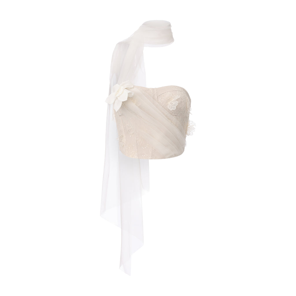 White Iridescent Tulle Fishbone Halter Top