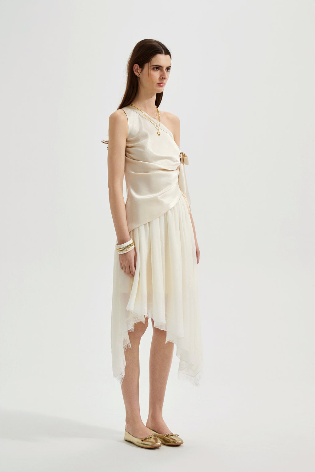 Champagne Satin Off-Shoulder Draped Sleeves Tops