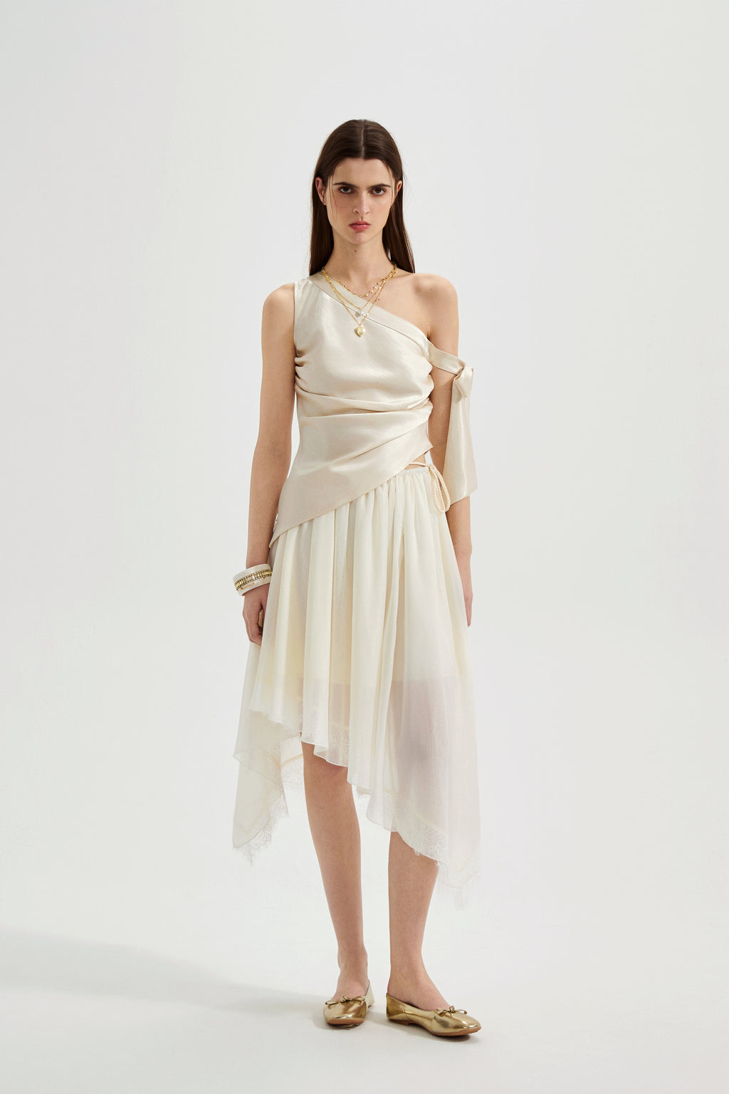 Champagne Satin Off-Shoulder Draped Sleeves Tops