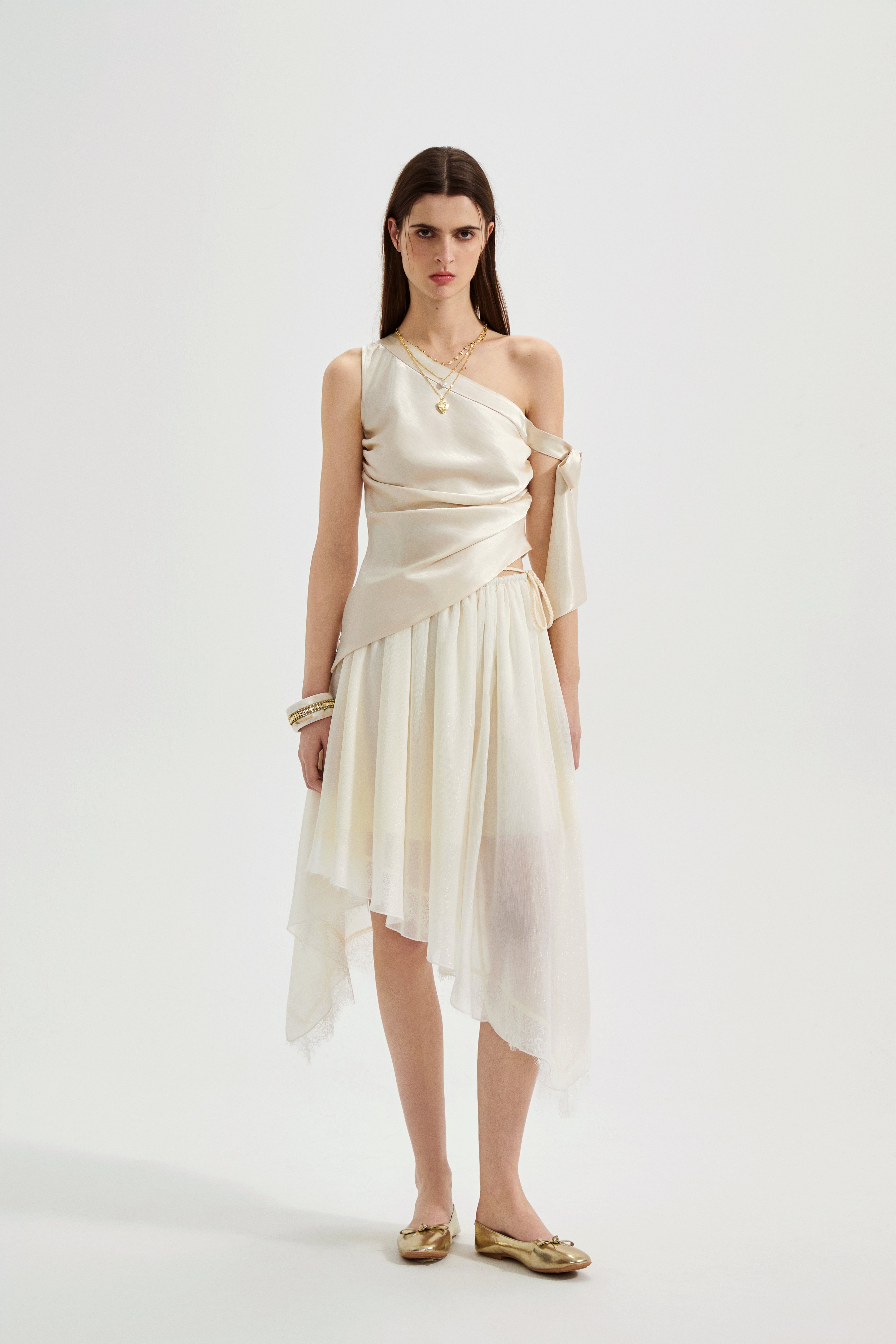 Champagne Satin Off-Shoulder Draped Sleeves Tops
