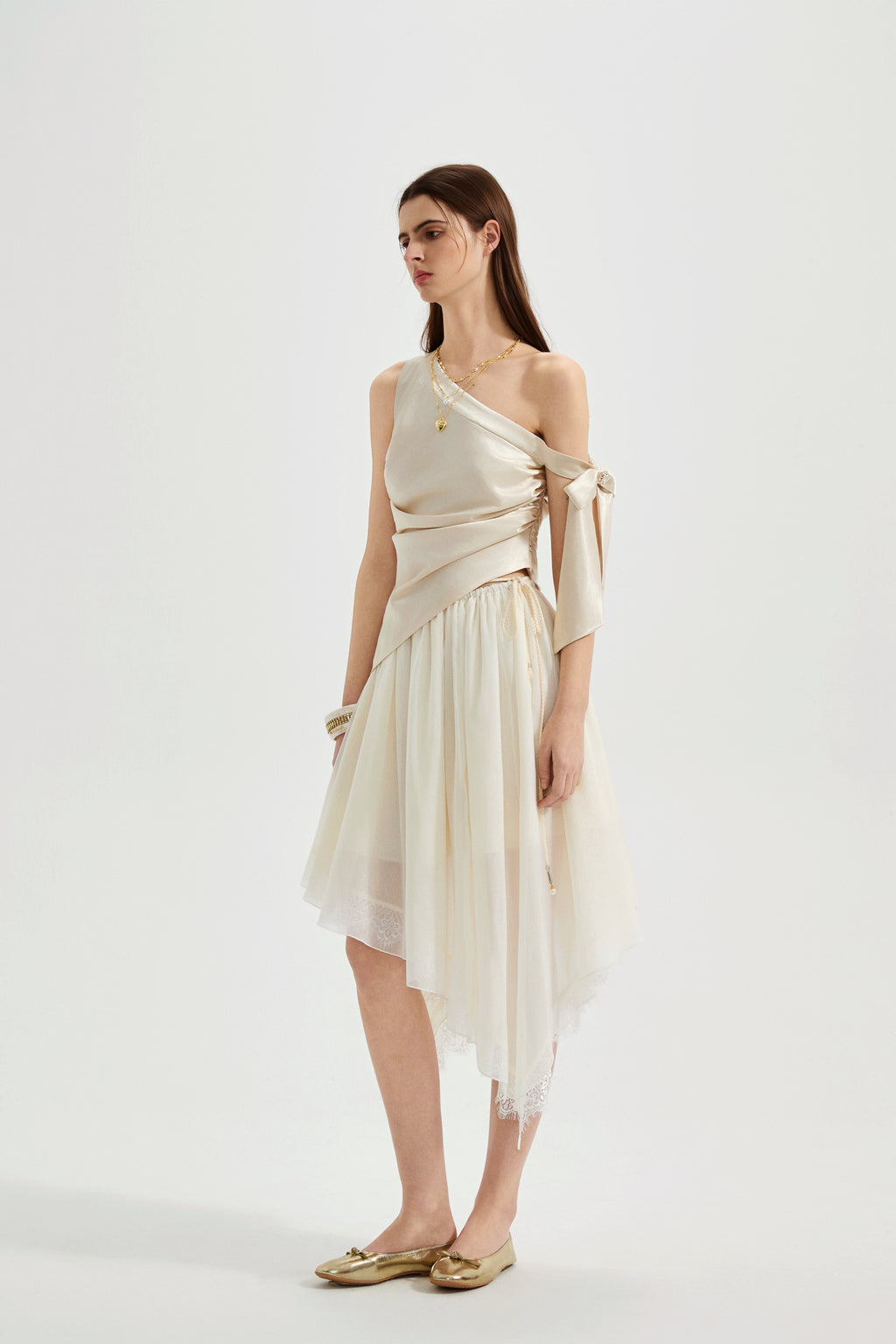 Champagne Satin Off-Shoulder Draped Sleeves Tops