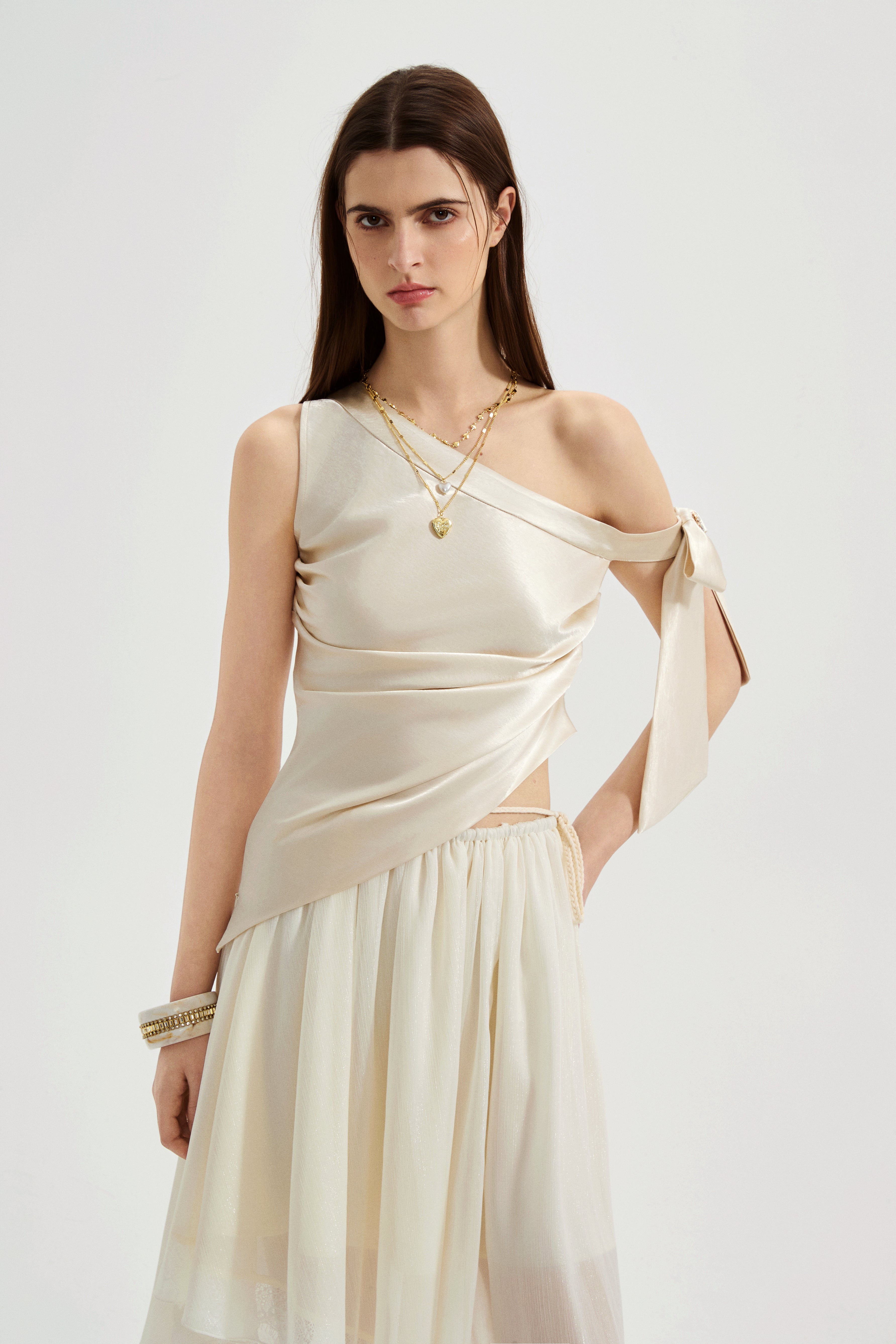 Champagne Satin Off-Shoulder Draped Sleeves Tops