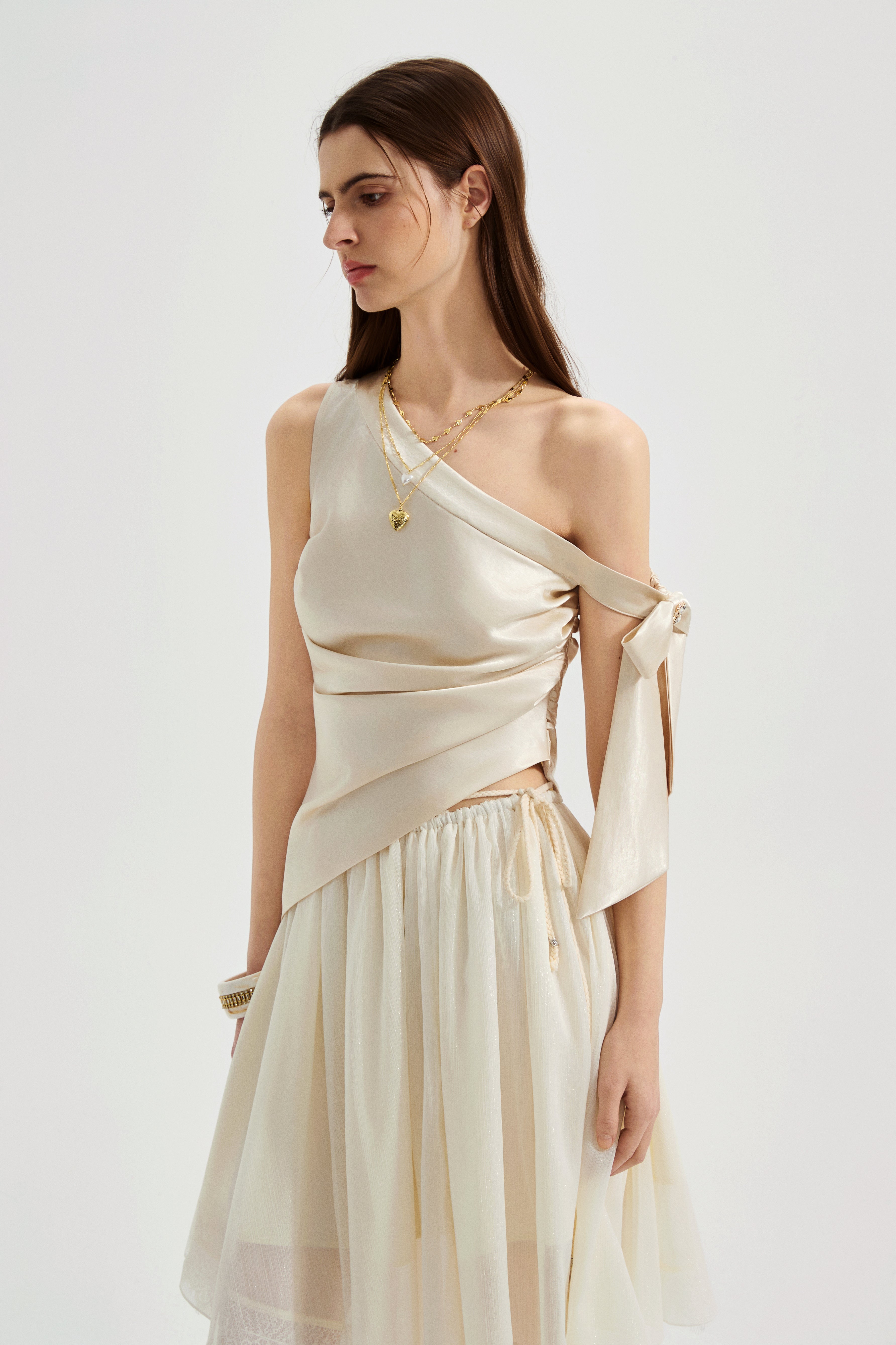 Champagne Satin Off-Shoulder Draped Sleeves Tops