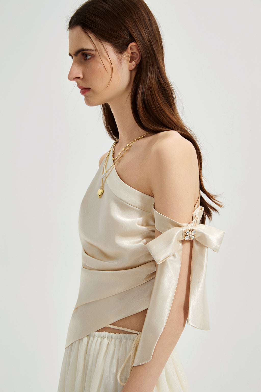 Champagne Satin Off-Shoulder Draped Sleeves Tops