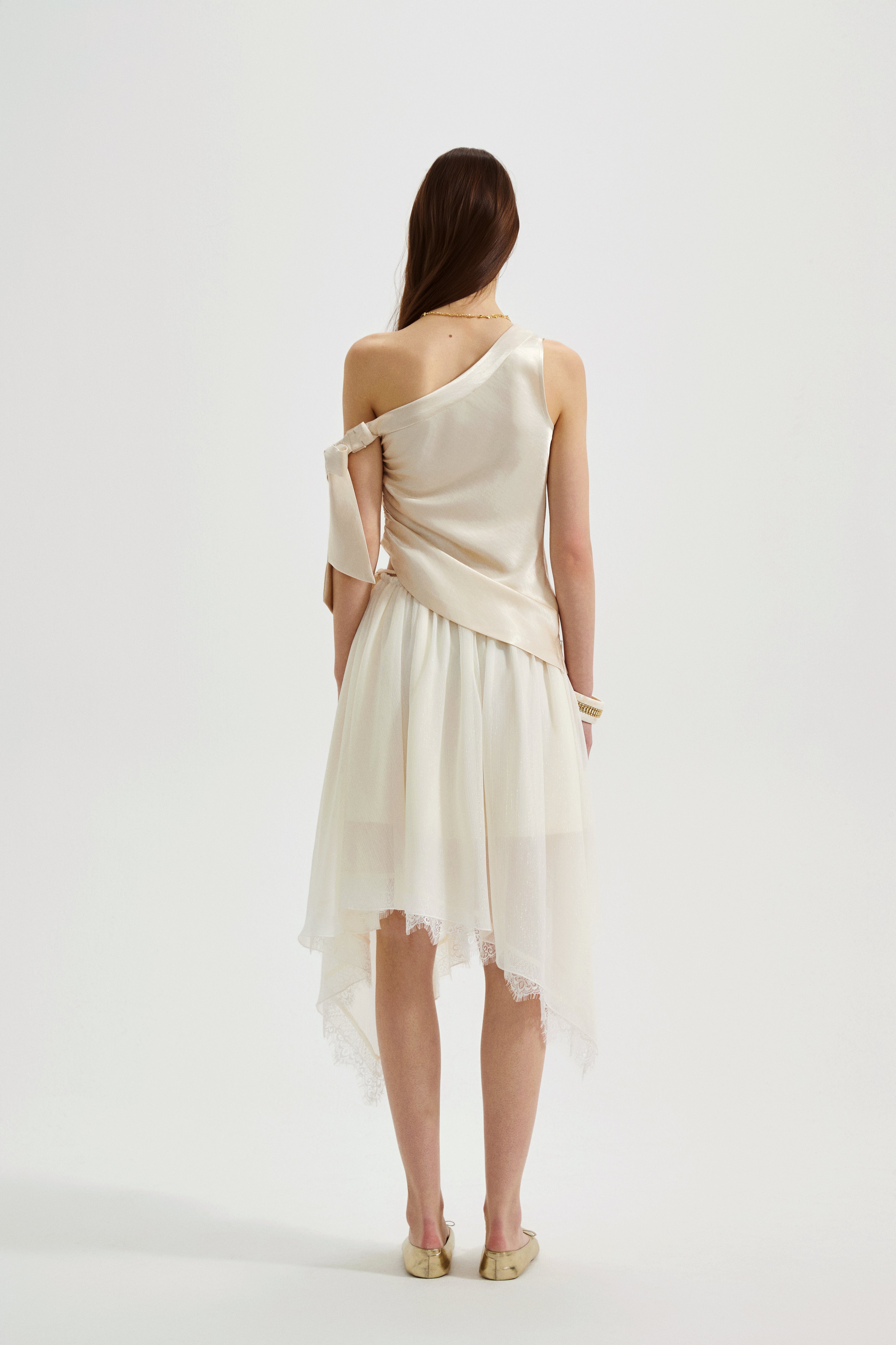 Champagne Satin Off-Shoulder Draped Sleeves Tops