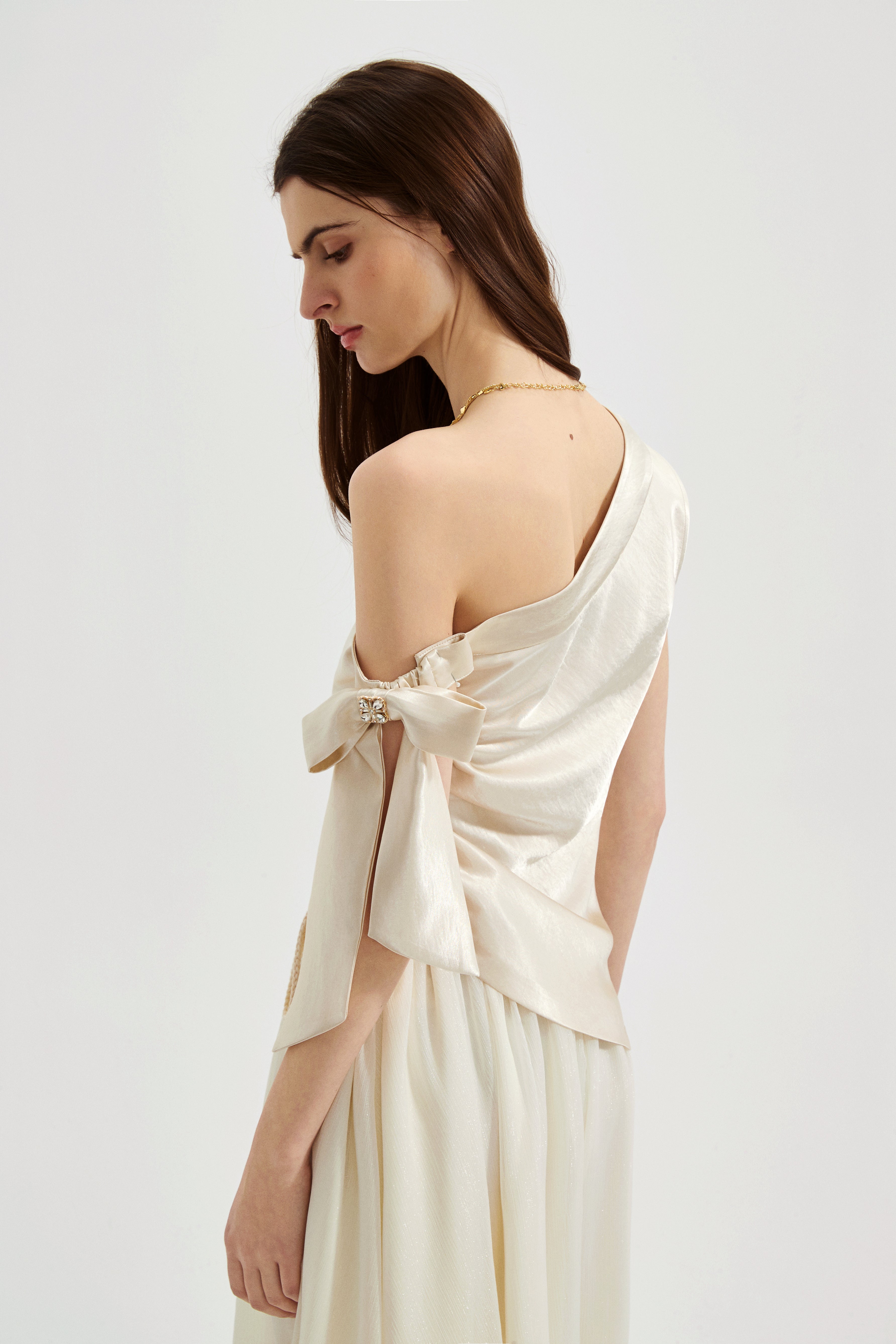 Champagne Satin Off-Shoulder Draped Sleeves Tops