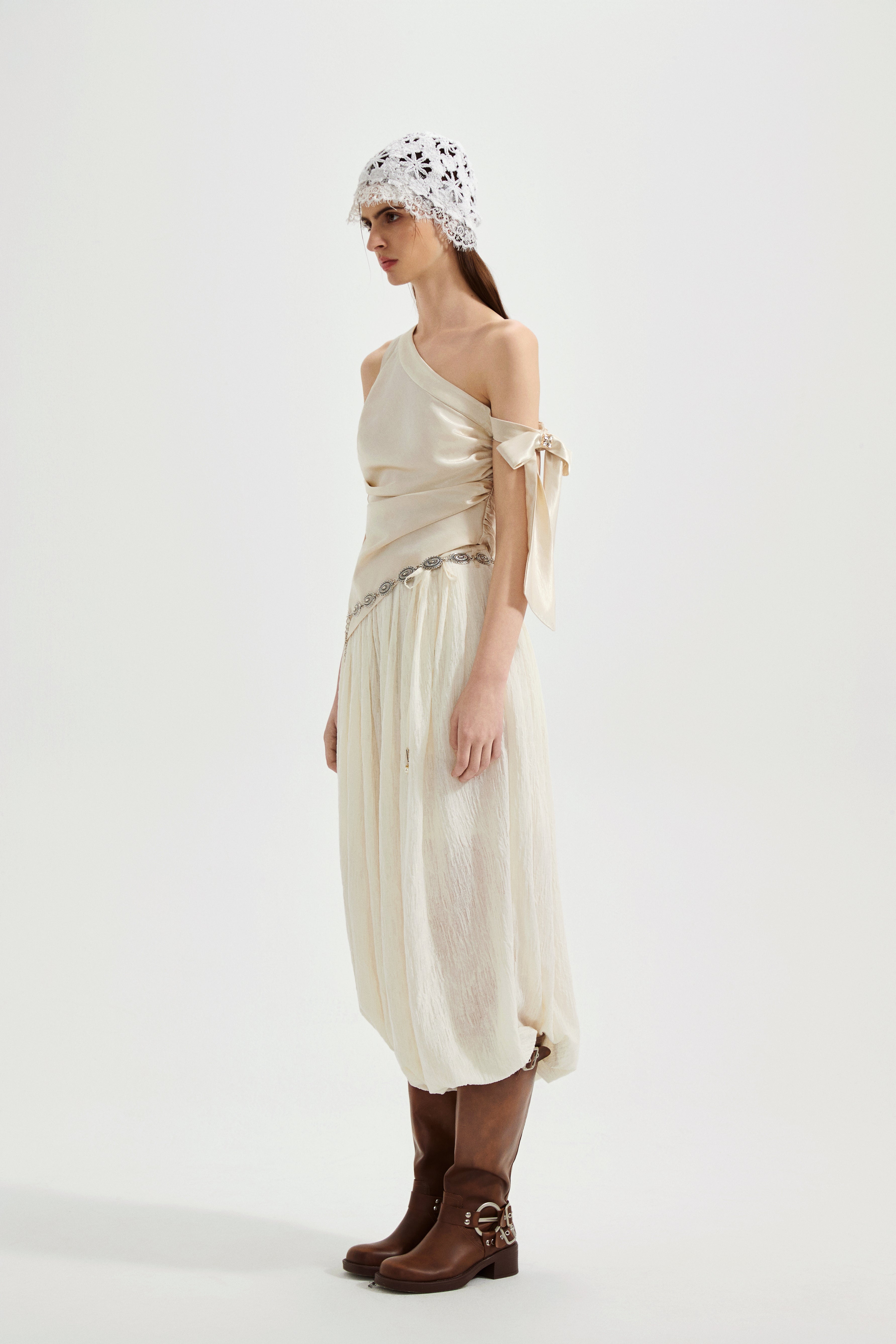 Champagne Satin Off-Shoulder Draped Sleeves Tops