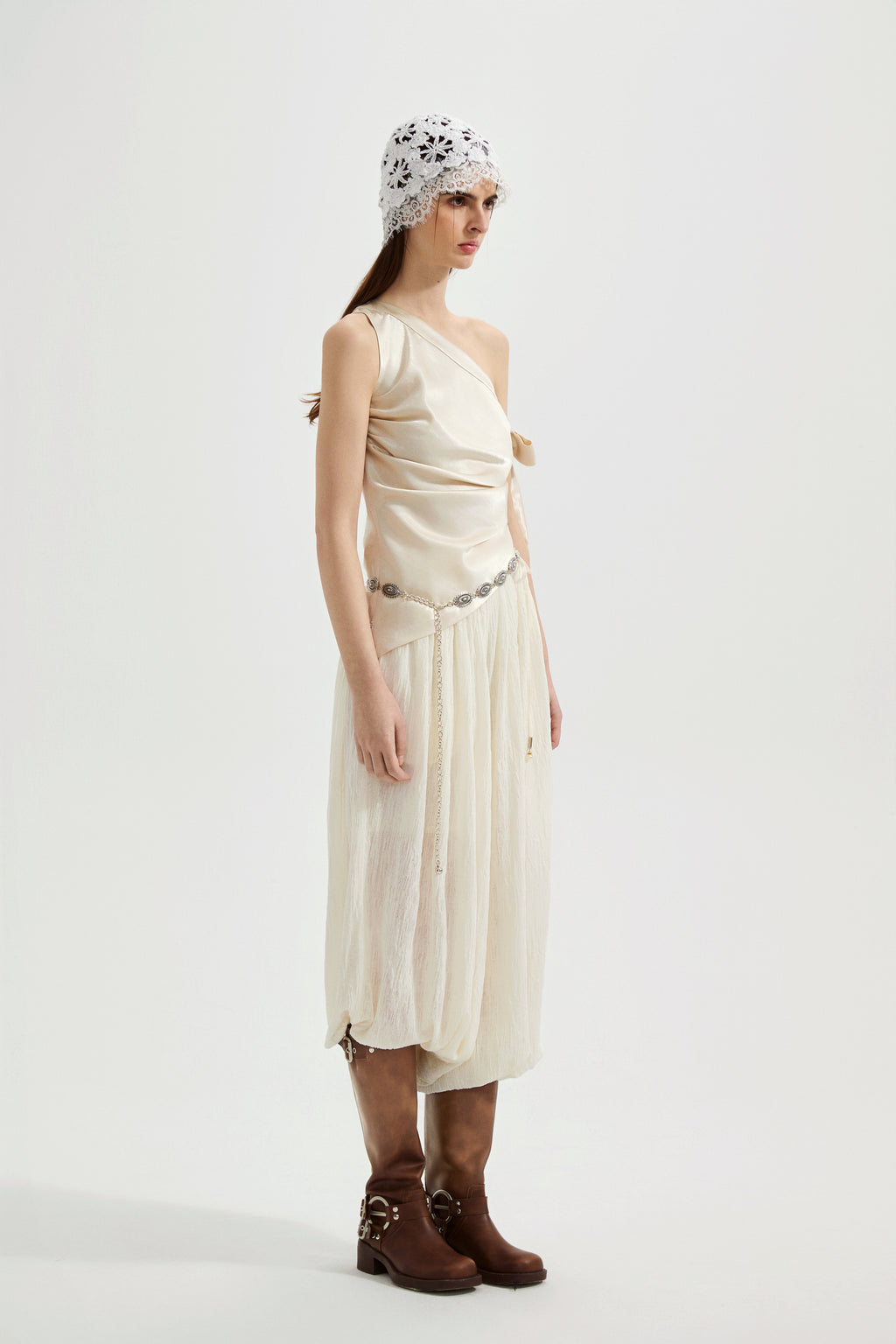 Champagne Satin Off-Shoulder Draped Sleeves Tops