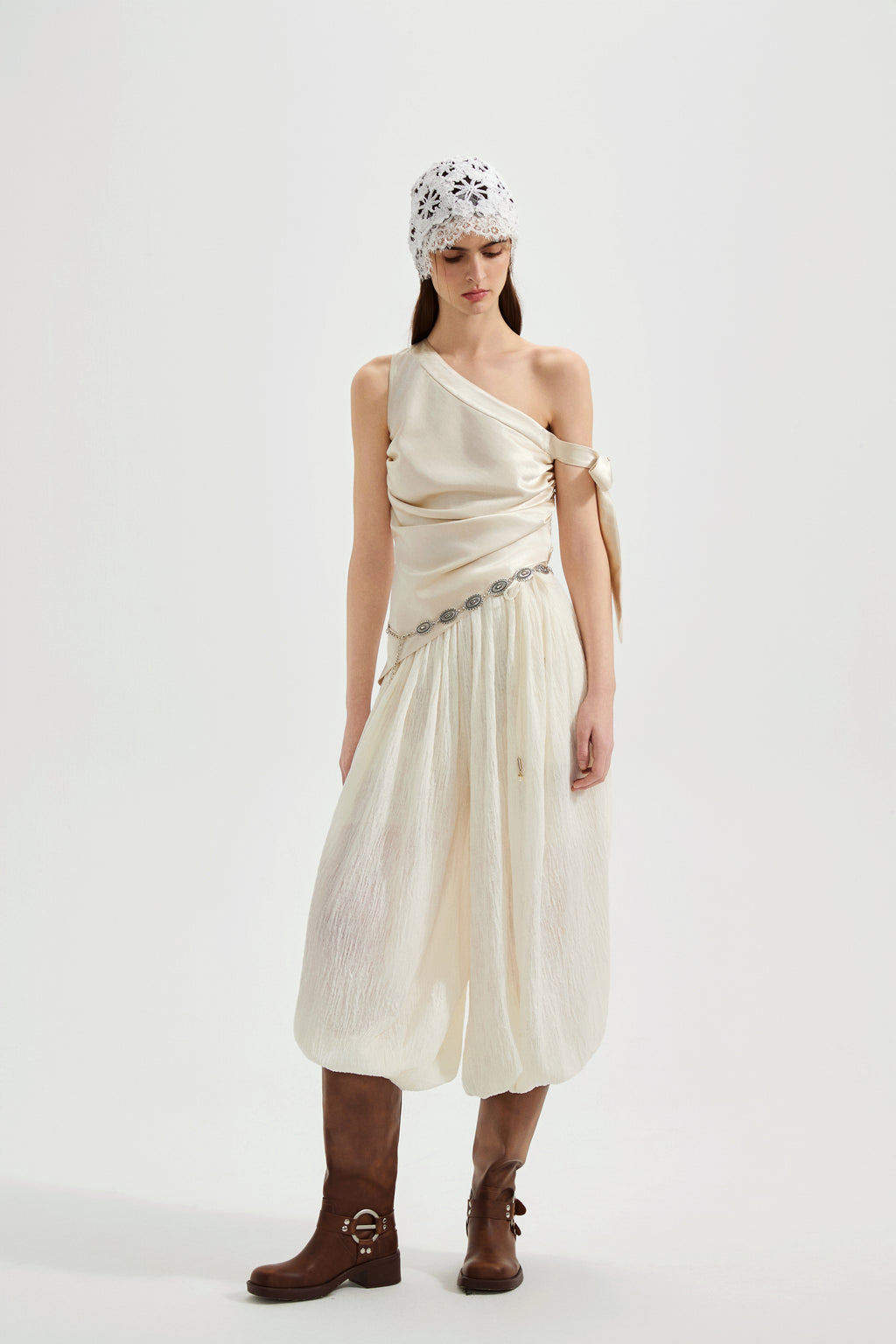 Champagne Satin Off-Shoulder Draped Sleeves Tops
