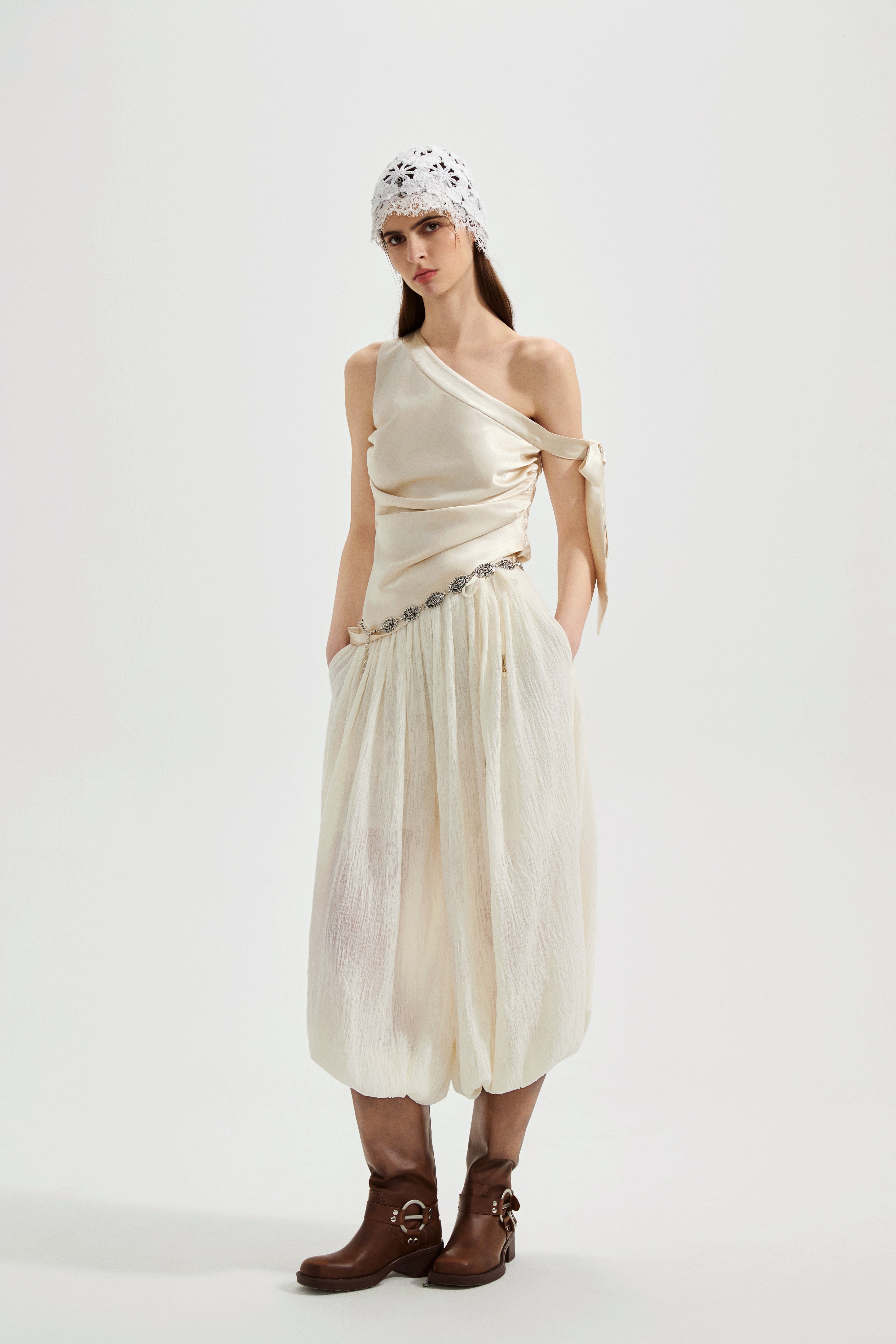 Champagne Satin Off-Shoulder Draped Sleeves Tops