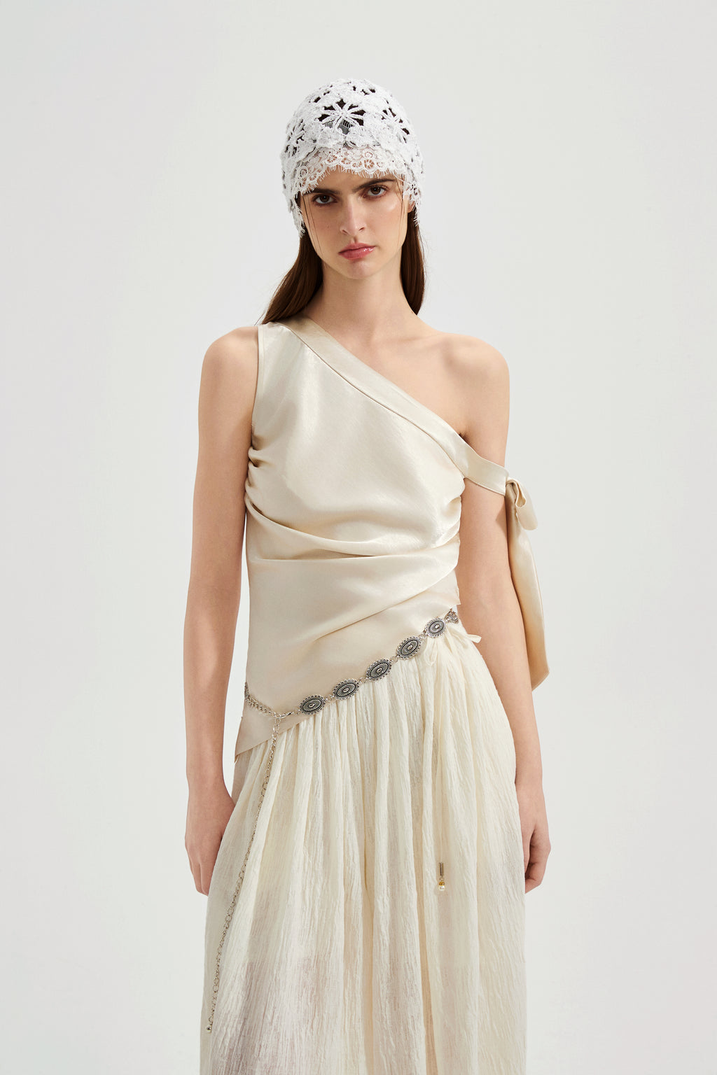 Champagne Satin Off-Shoulder Draped Sleeves Tops