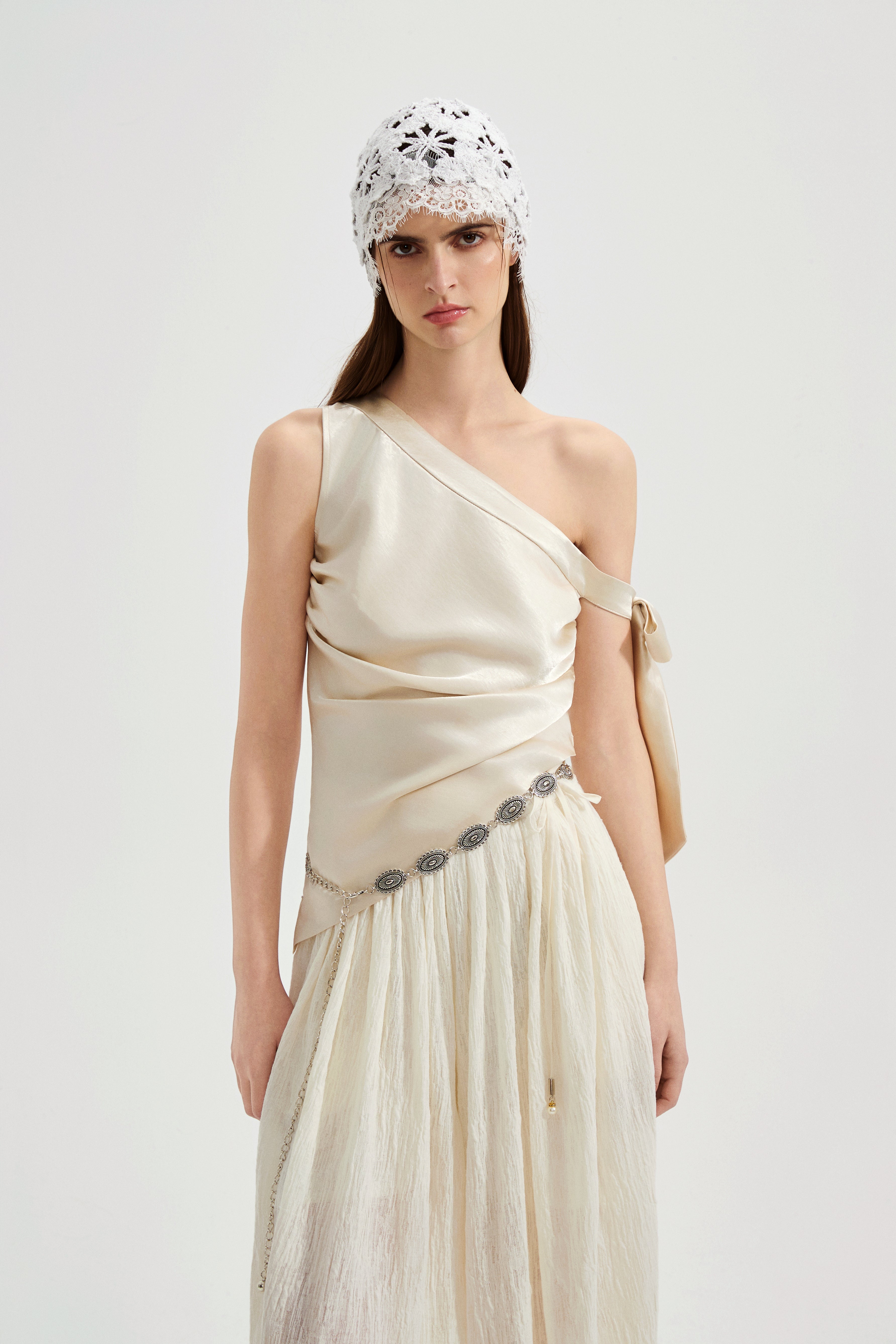 Champagne Satin Off-Shoulder Draped Sleeves Tops