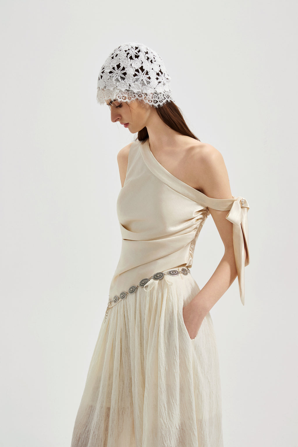 Champagne Satin Off-Shoulder Draped Sleeves Tops