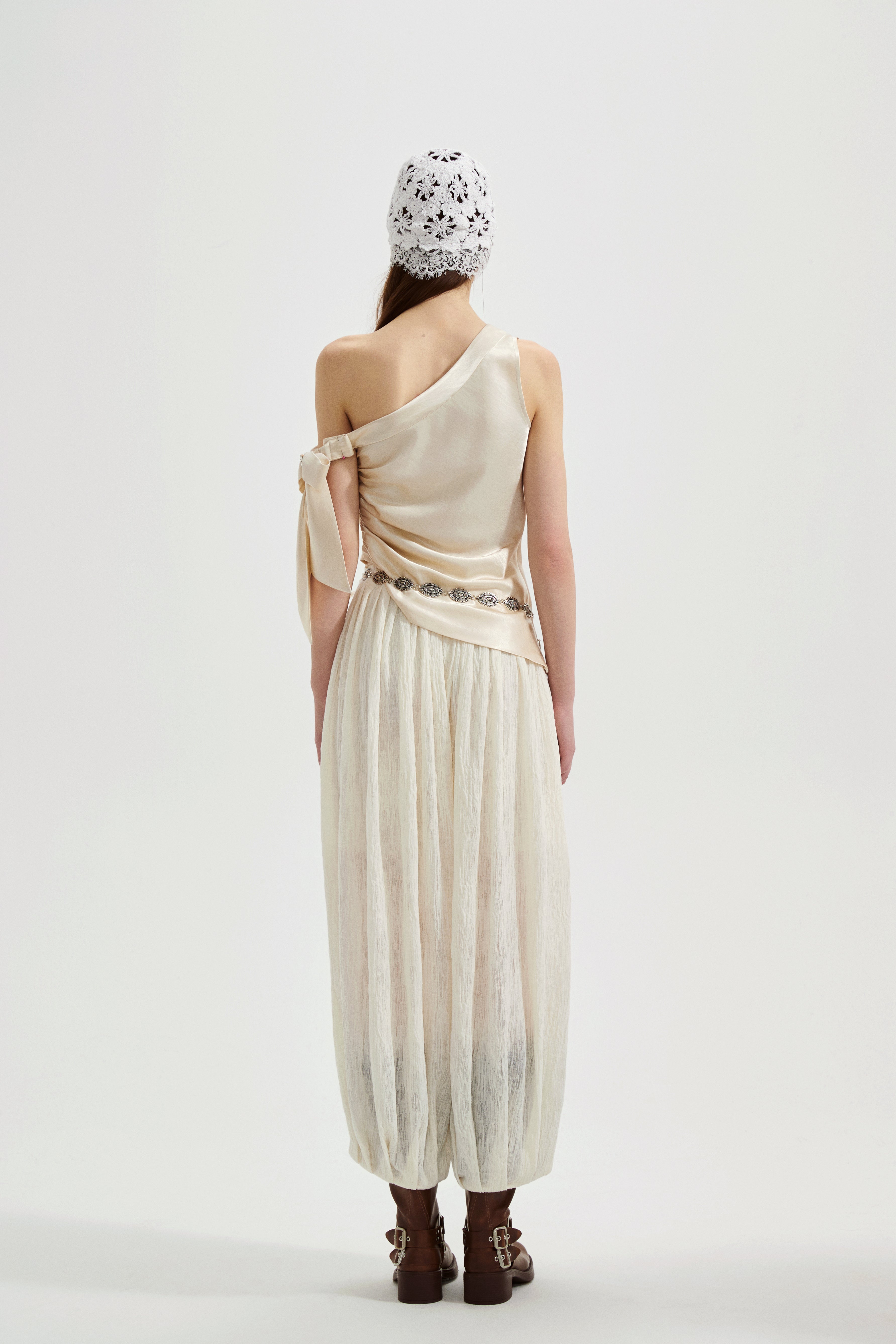 Champagne Satin Off-Shoulder Draped Sleeves Tops
