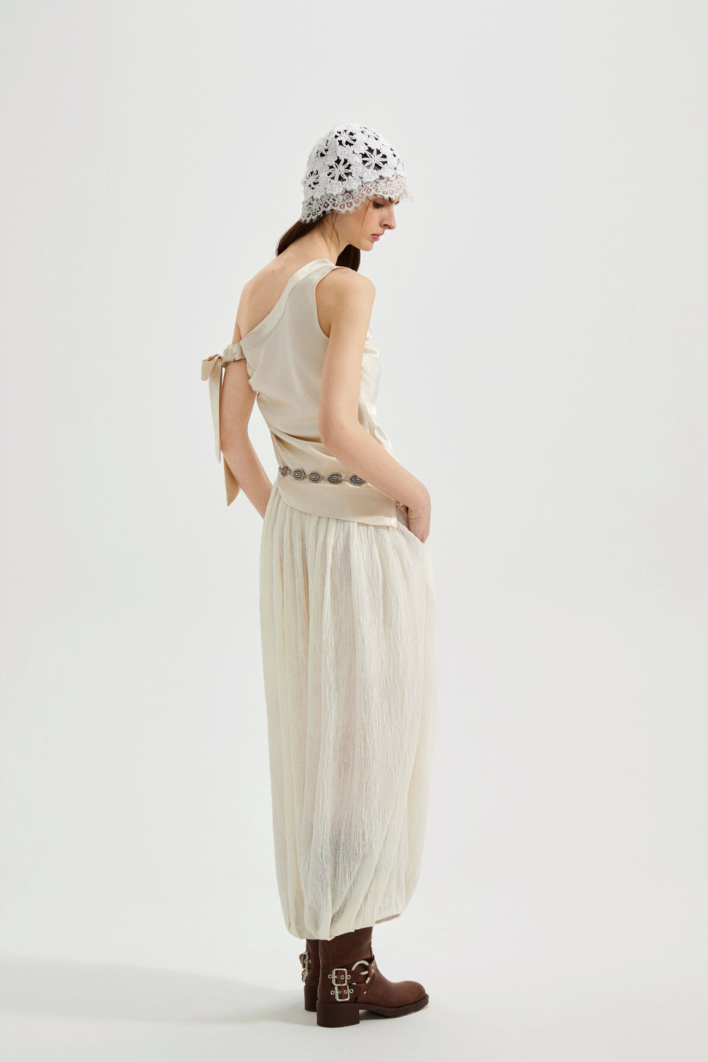Champagne Satin Off-Shoulder Draped Sleeves Tops