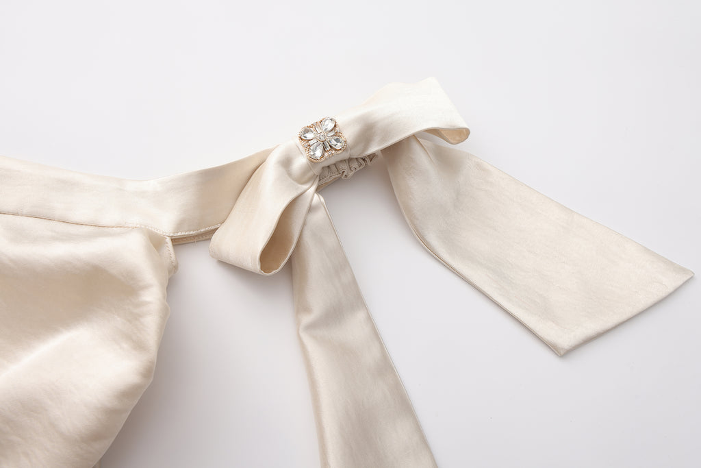 Champagne Satin Off-Shoulder Draped Sleeves Tops