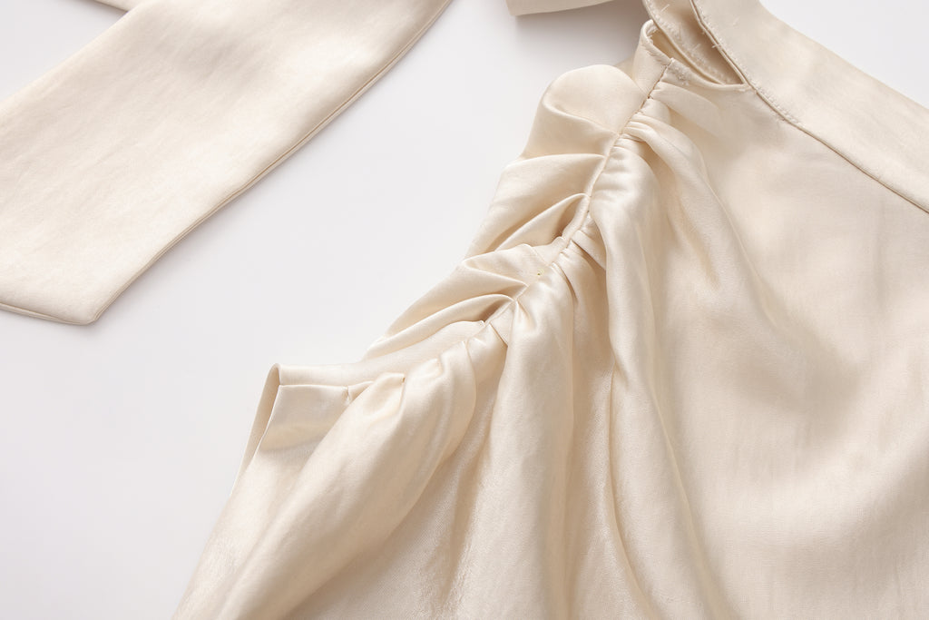 Champagne Satin Off-Shoulder Draped Sleeves Tops