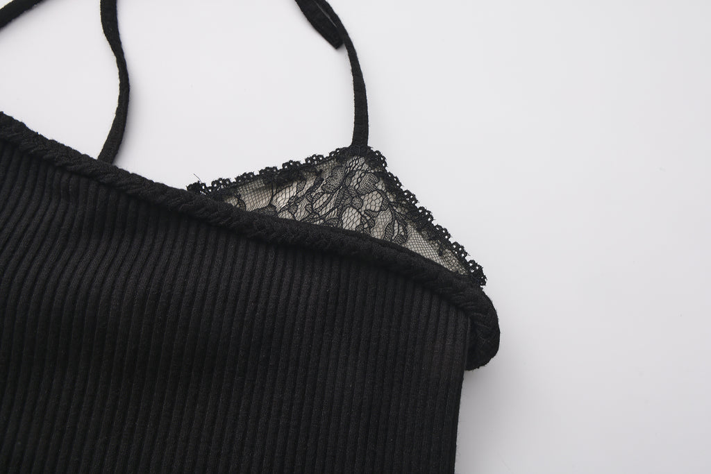 Black halterneck knit top with lace panels