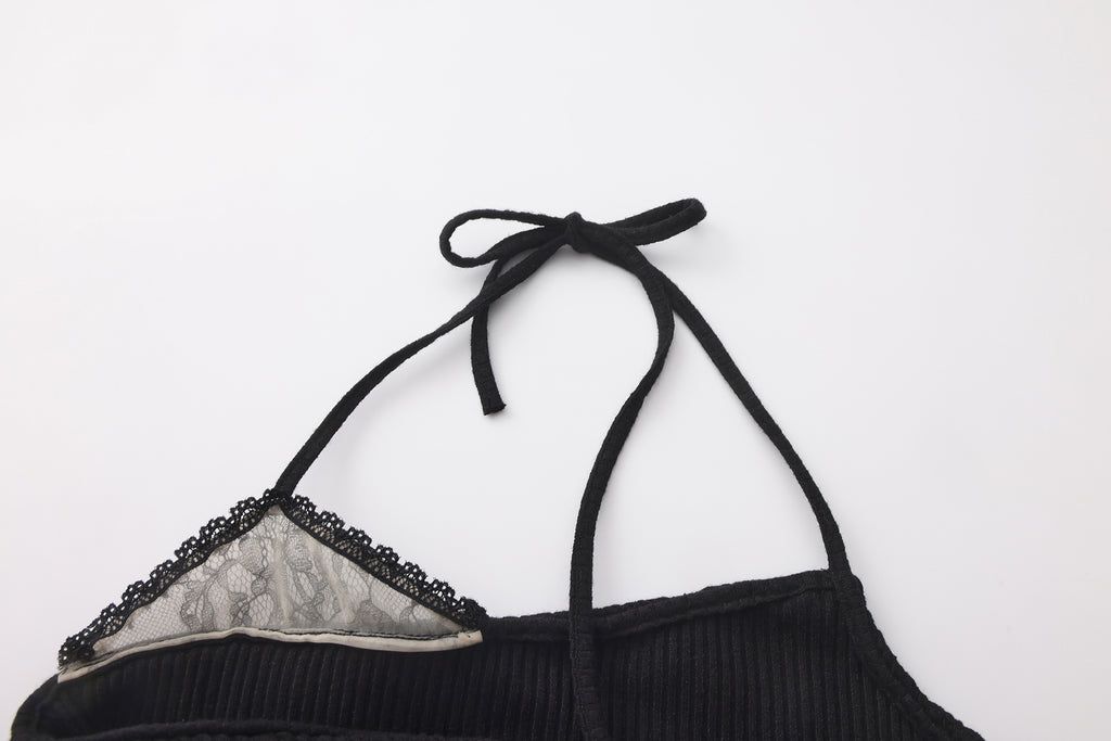 Black halterneck knit top with lace panels